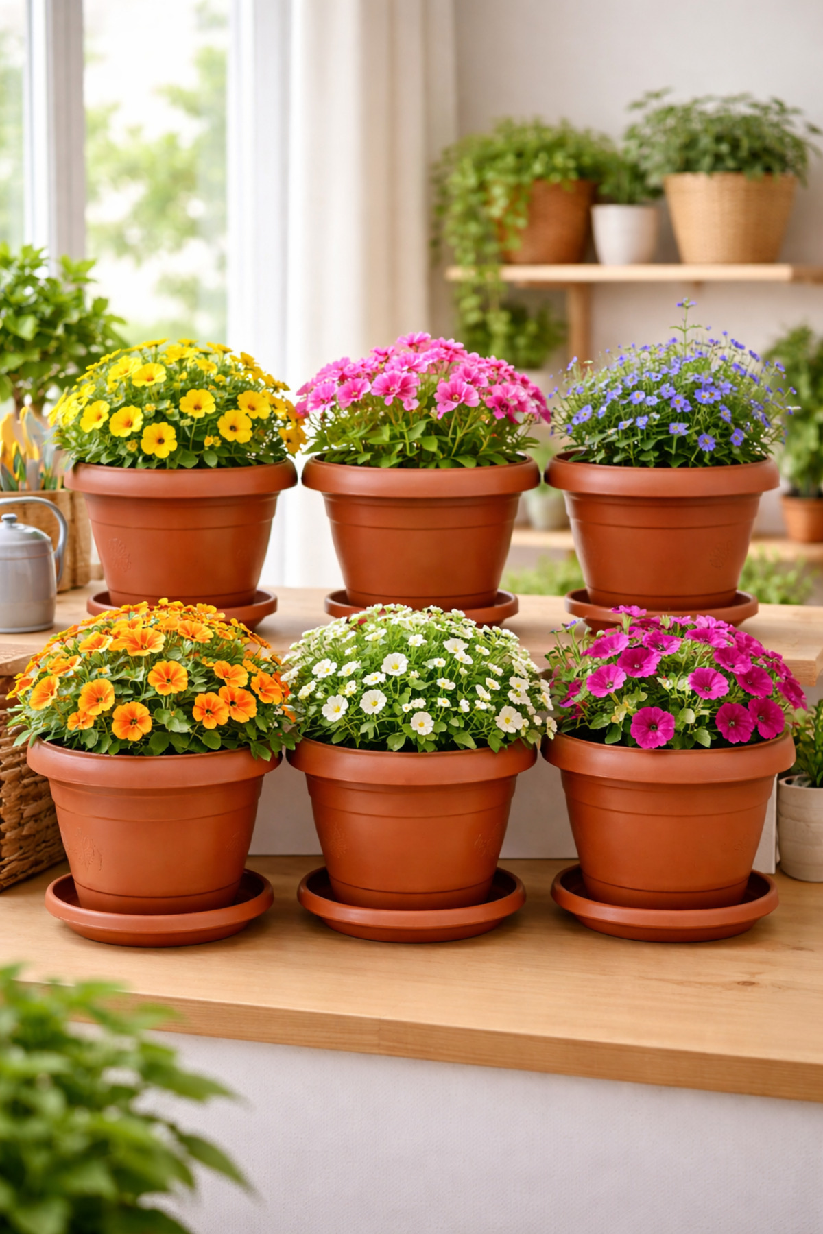 6 Pieces Antique Flower Pot Set with Round Plate 1.5Lt 17x14.5cm Terracotta AH200