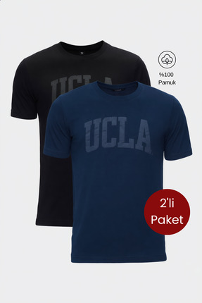 Ucla CULVER 2'Li Set Siyah & Lacivert Bisiklet Yaka Baskılı %100 Pamuk Standa...