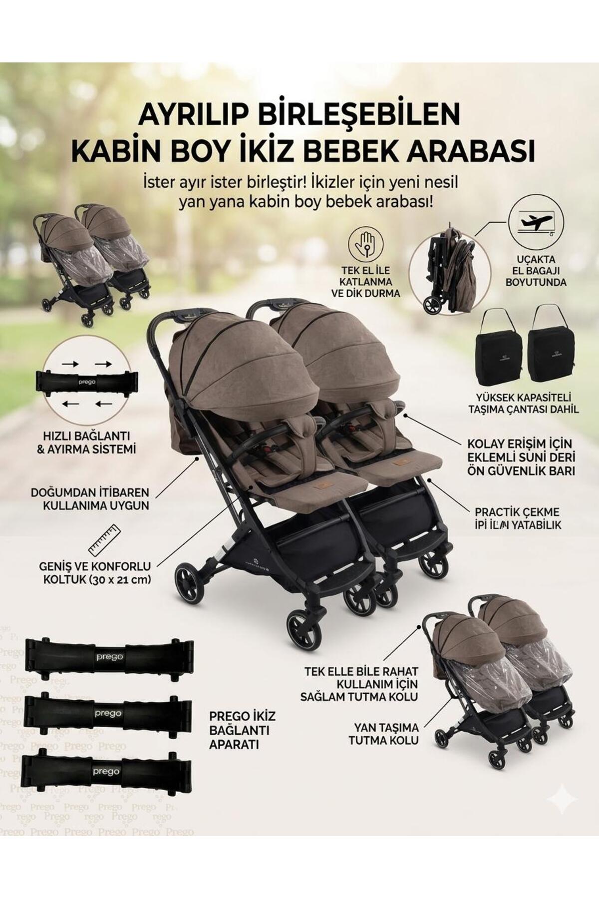 ÖYKÜ BEBEK DUNYASI Ayrılıp Birleşebilen Kabin Boy İkiz Bebek Arabası Seyahat Sistem Kışlık Ayak Örtüsü Ve Yağmurluk fotoğrafı 2 (önizleme)