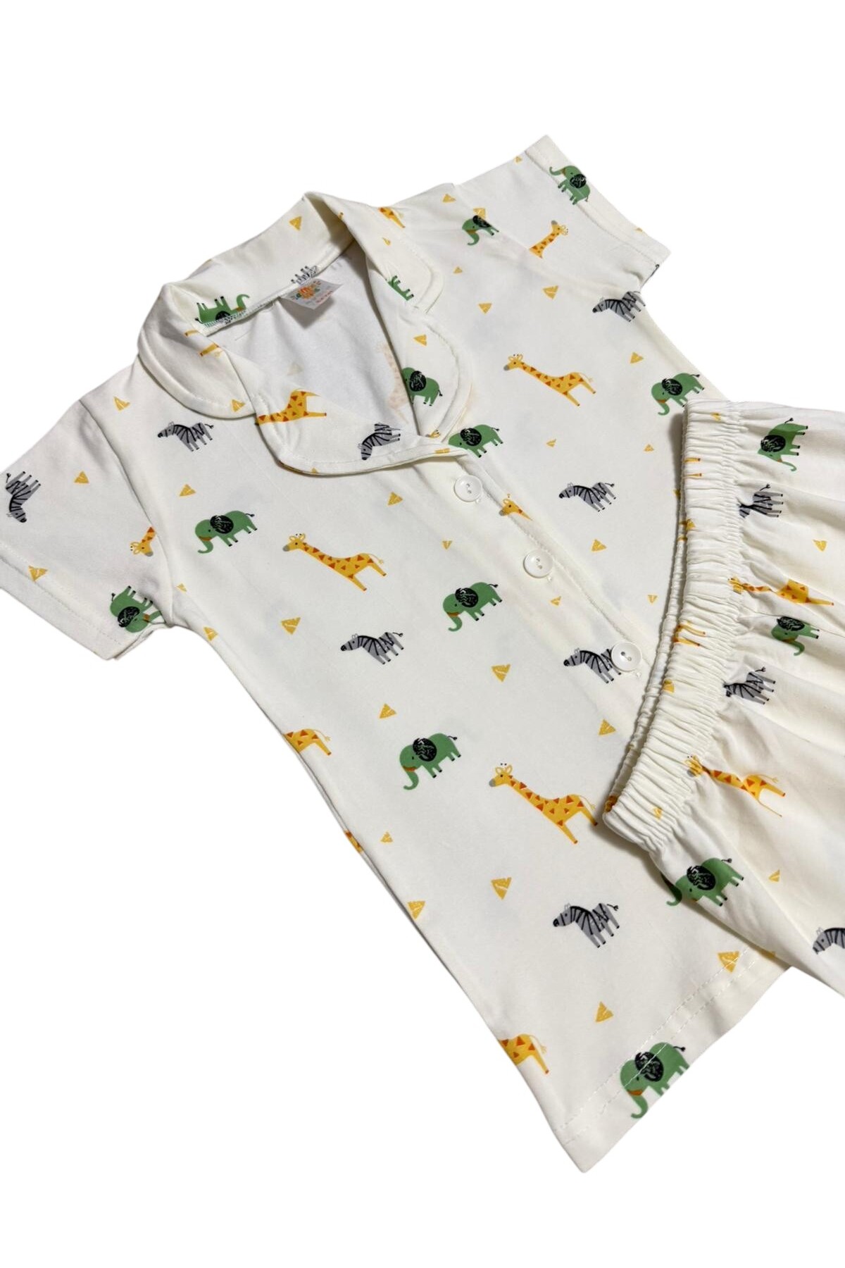 Fil Kids Erkek Çocuk %100 Pamuklu Ekru Zebra Zürafa Fil Desen Düğmeli Kısa Kollu Şortlu Yazlık Pijama TakımI fotoğrafı 4 (önizleme)