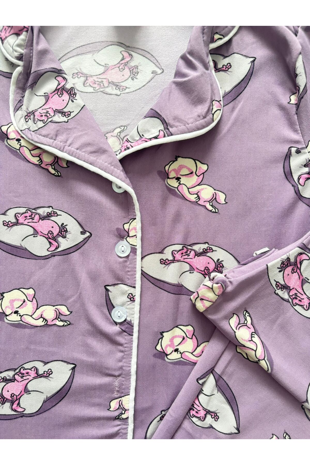 mışıl mışıl kids Kız Çocuk Sevimli Kedi Desenli Yazlık Yumuşak Kumaş Çocuk Pijama Takımı fotoğrafı 3 (önizleme)