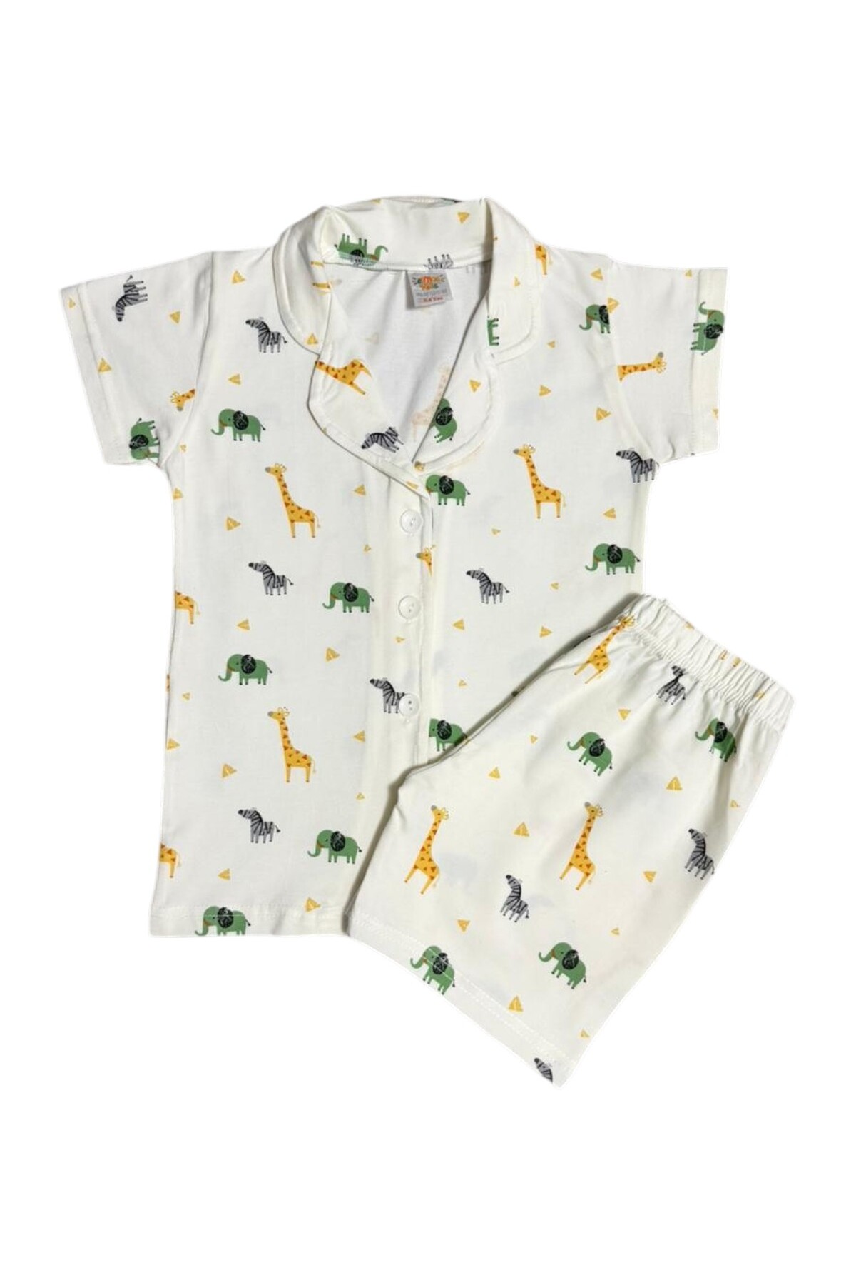 Fil Kids Erkek Çocuk %100 Pamuklu Ekru Zebra Zürafa Fil Desen Düğmeli Kısa Kollu Şortlu Yazlık Pijama TakımI fotoğrafı 3 (önizleme)