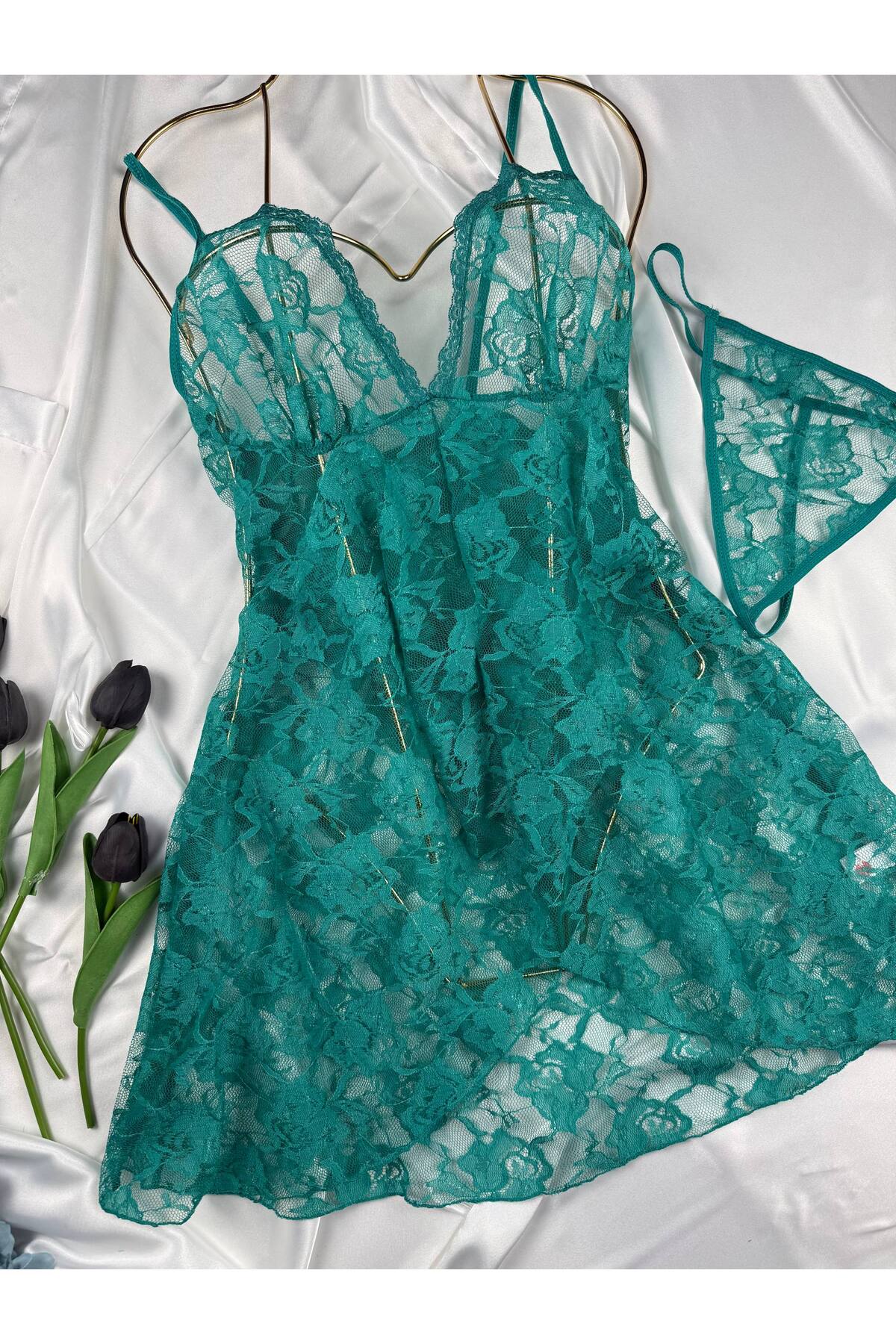 ROZENİN LINGERIE Kadın Romantik Askılı Dantel Tül Gecelik String Hediyeli görsel 6
