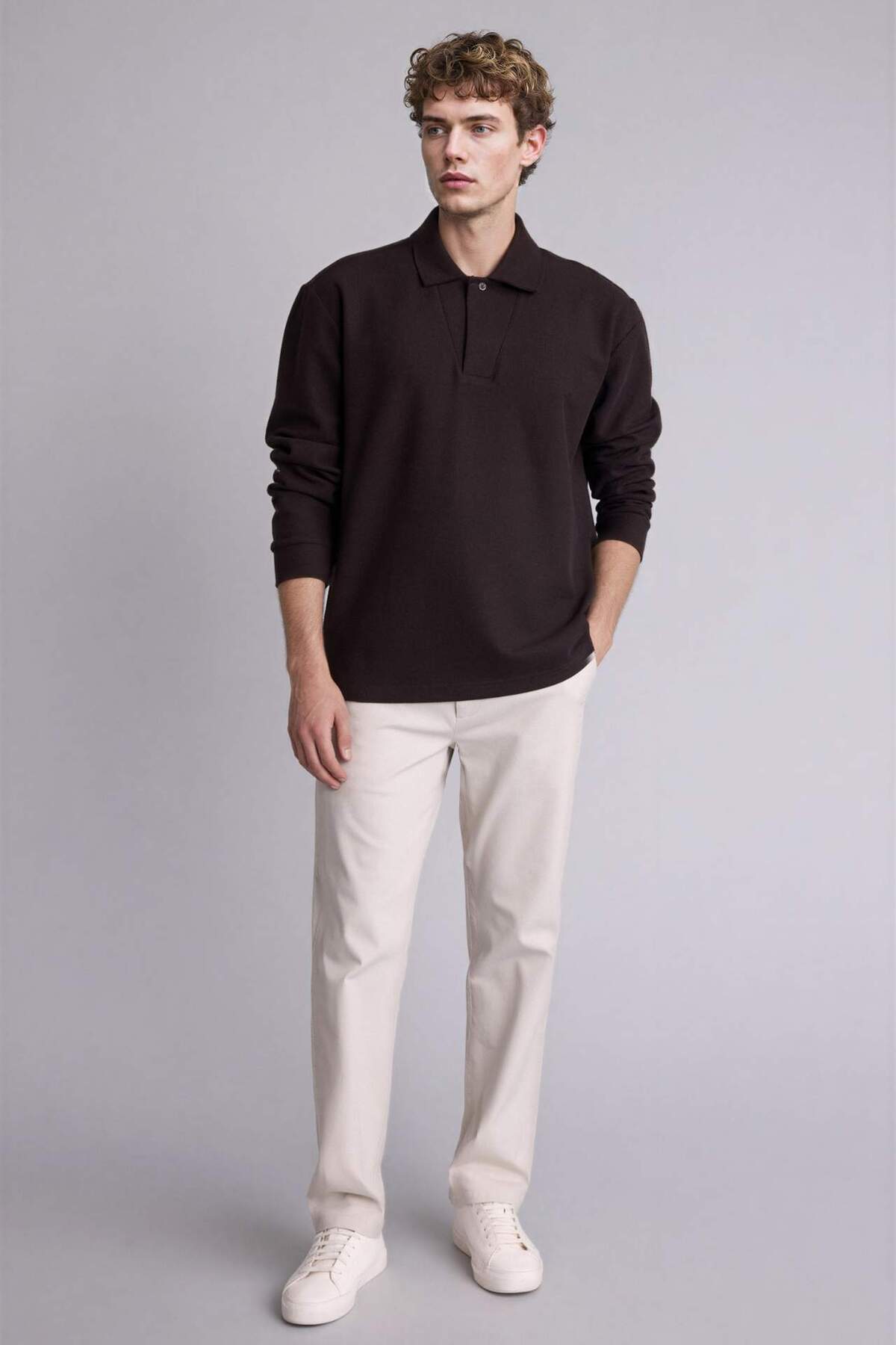 DeFacto Pamuklu Regular Fit Polo Yaka Pike Sweatshirt H3316AX26SP görsel 2