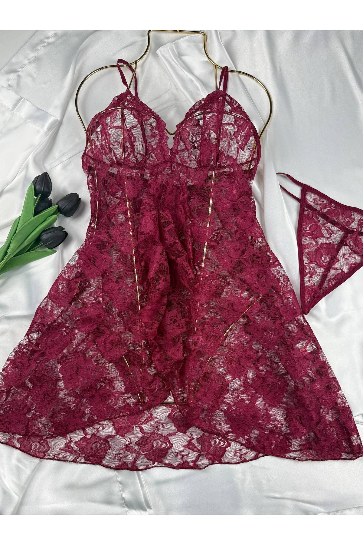 ROZENİN LINGERIE Kadın Romantik Askılı Dantel Tül Gecelik String Hediyeli görsel 2