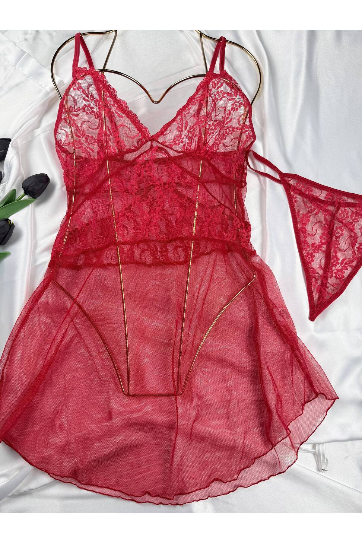 ROZENİN LINGERIE Kadın Romantik Askılı Dantel Tül Gecelik String Hediyeli görsel 2