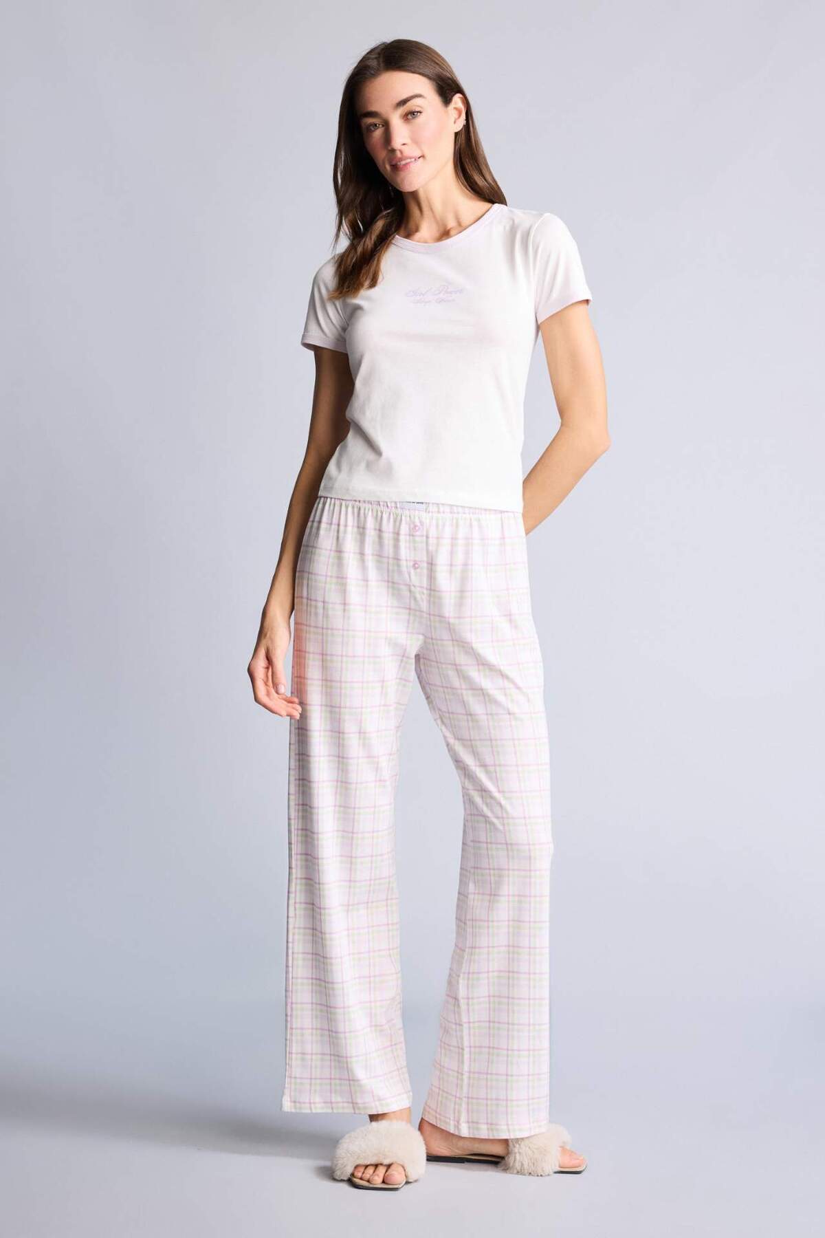 Defacto 100% Cotton Regular Fit Short Sleeve 2-Piece Checkered Pajama Set H2023Ax26Sm