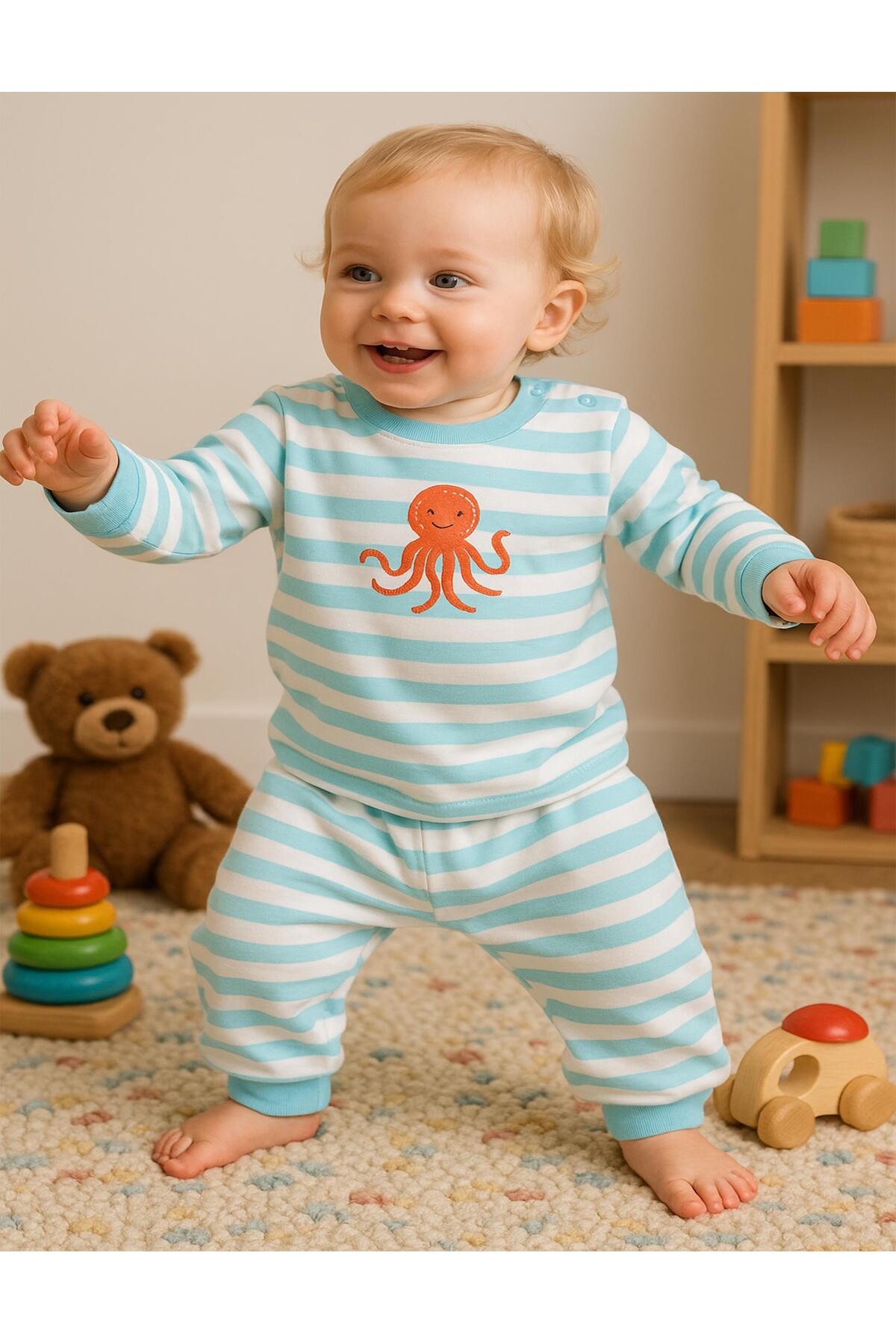 OrganicKid Ocean Bebek Mavi Çizgili Pijama Takımı fotoğrafı 5 (önizleme)