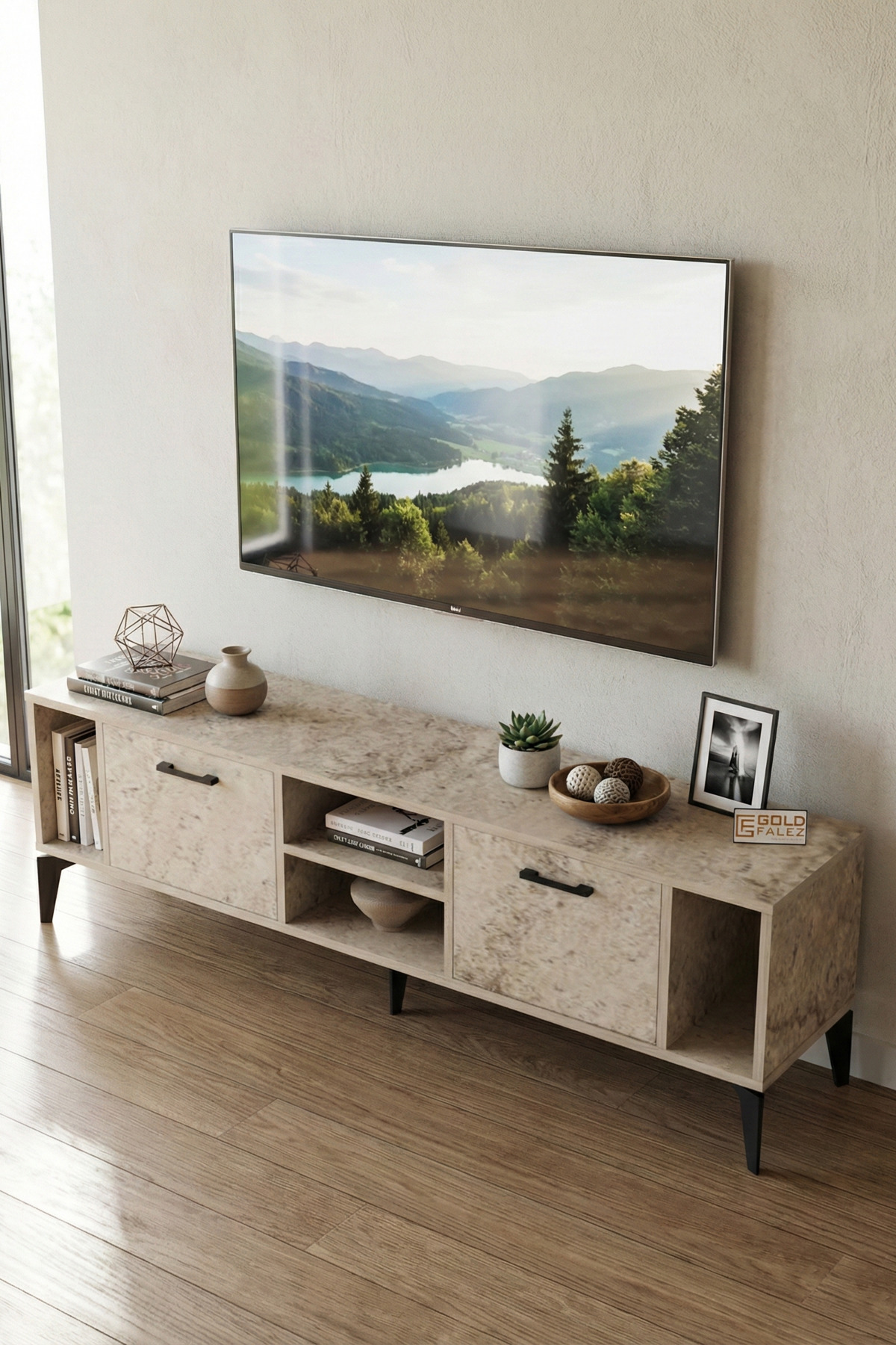 Goldfalez Linya TV Sehpası Suntalam Ekru 160x35 cm görsel 4