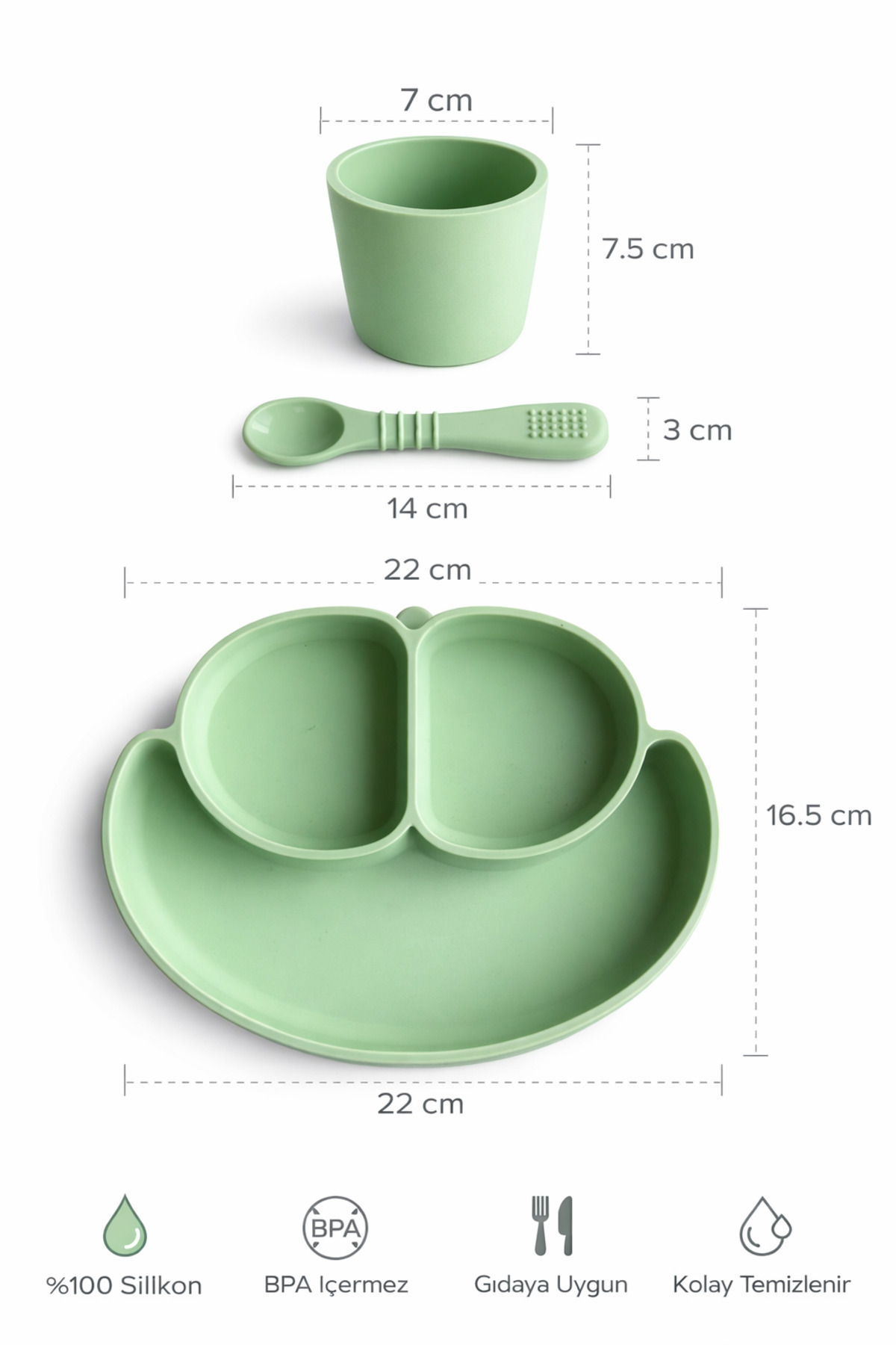evolis kitchen 3adet Silikon Vakumlu Mama Tabağı Bardak Kaşık Seti (Açık Yeşil) fotoğrafı 2 (önizleme)