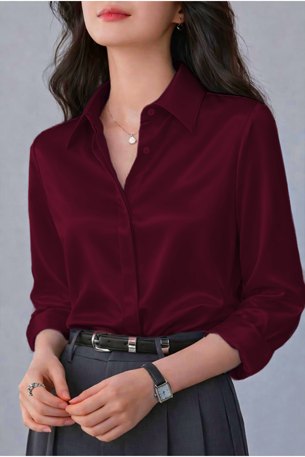 TRENDBUTİKOFFİCİAL  Saten Kumaş Gömlek - Vişne Çürüğü - Görsel 2