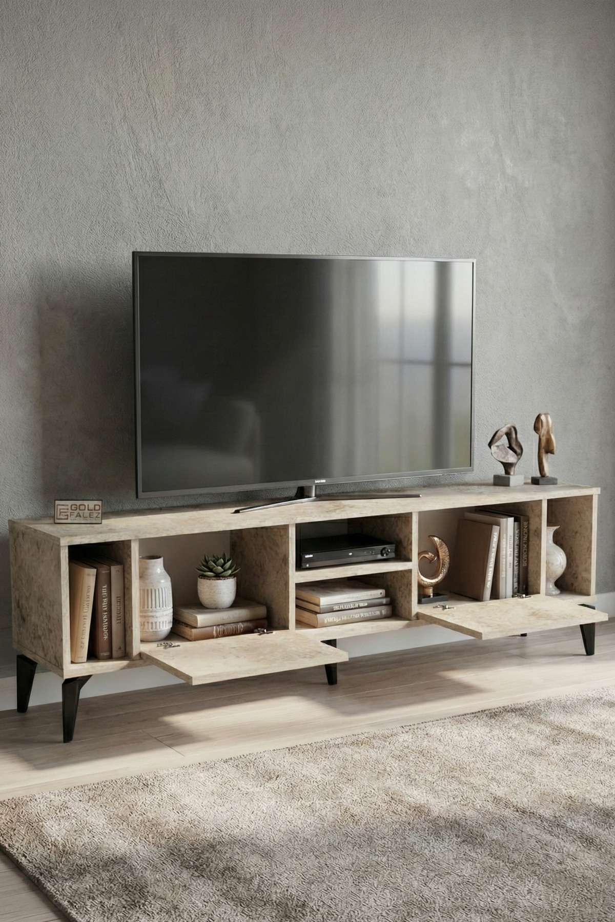 Goldfalez Linya TV Sehpası Suntalam Ekru 160x35 cm görsel 3