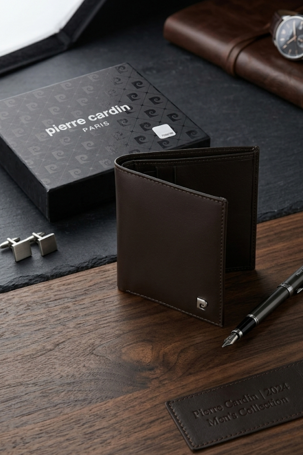 کیف پول مردانه چرم اصل مدل 032، جا کارتی، قهوه‌ای آنیلین پیر کاردین کیف پول Pierre Cardin