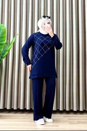 mercan moda NEHİR İKİLİ TAKIM Kristal Kumaş Kadın Lacivert Yapıştırma Taş Det...