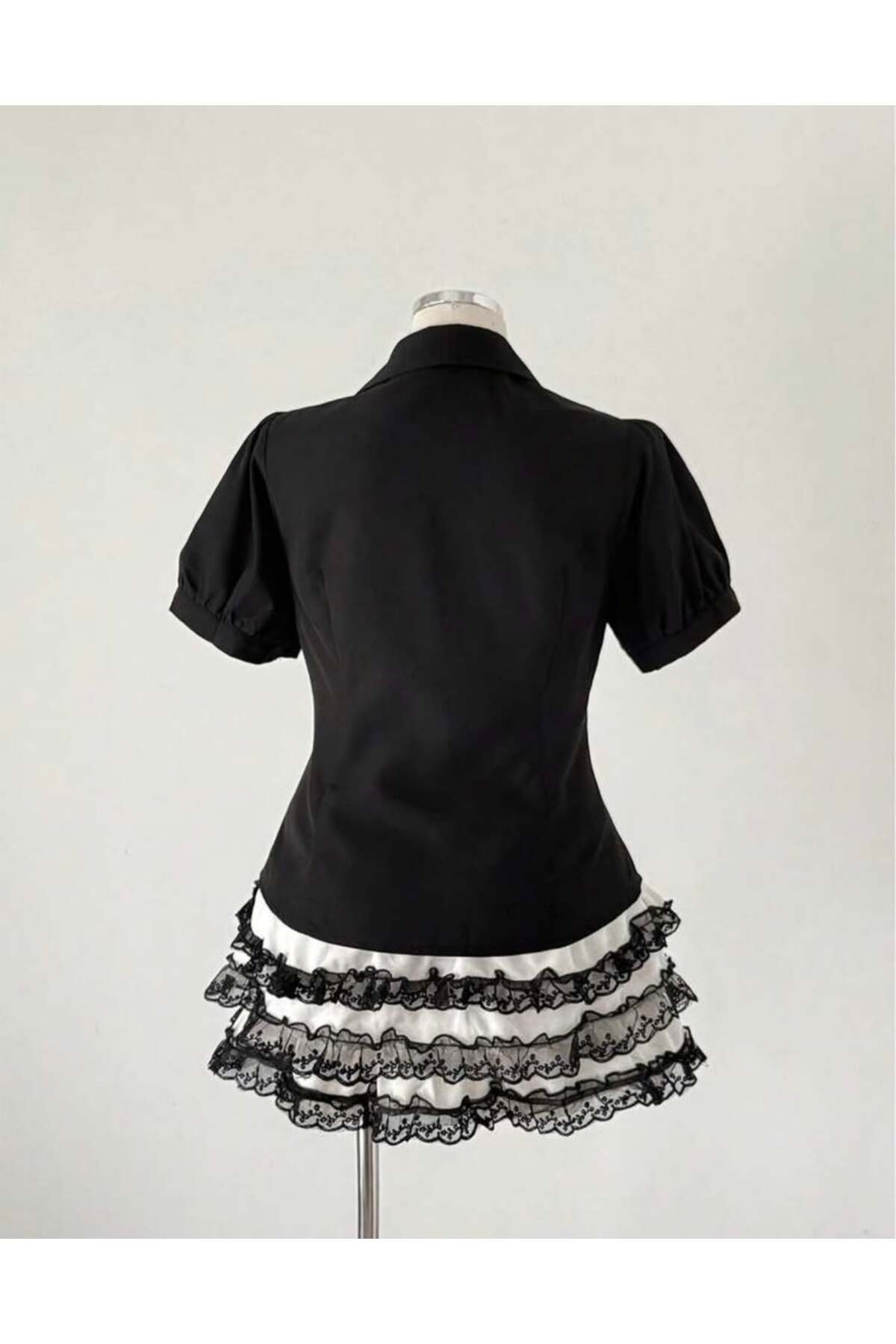 Toum  Vintage Mini Puff Sleeve Goth Y2K Kısa Kollu Gömlek - Görsel 2