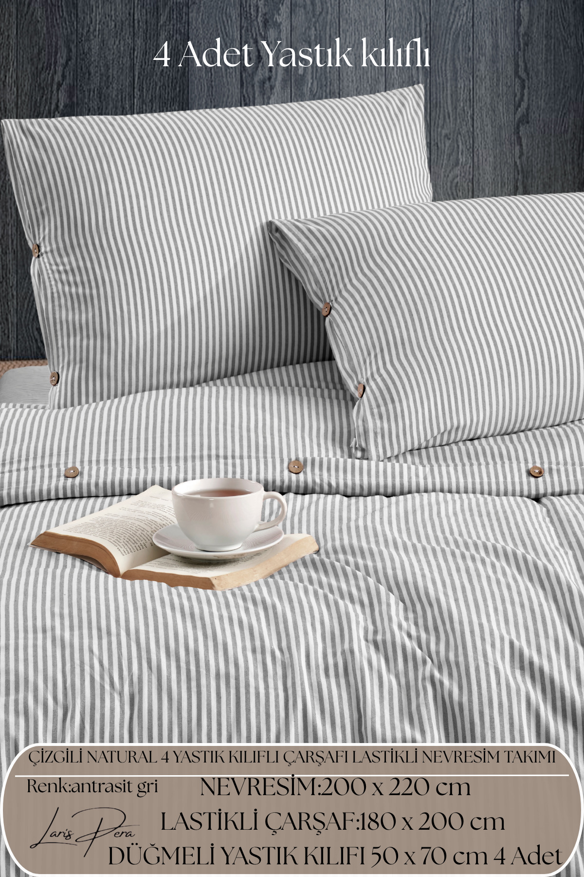 Oversized Buttoned Cotton Ranforce Bedsheet 4-padded Striped Duvet Cover Set with Elastic King Size