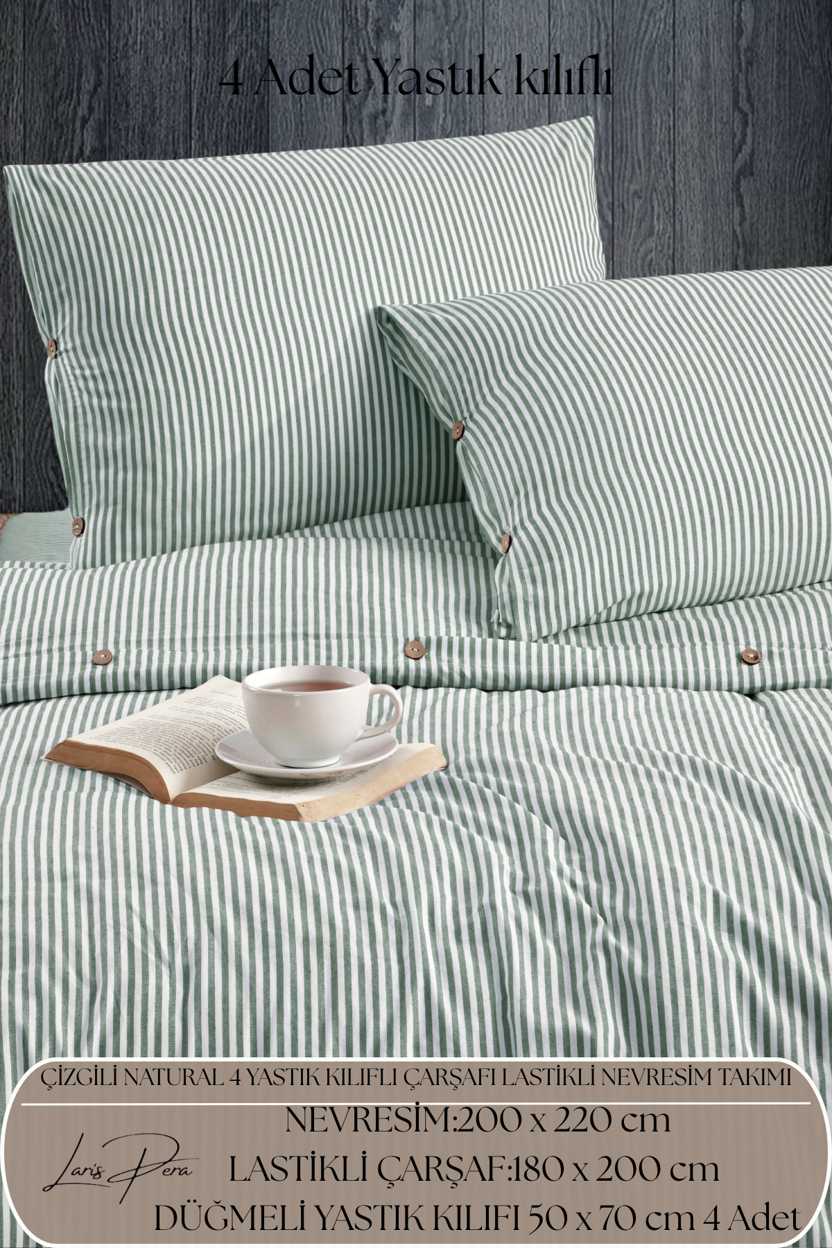 Oversized Buttoned Cotton Ranforce Bedsheet 4-padded Striped Duvet Cover Set with Elastic King Size