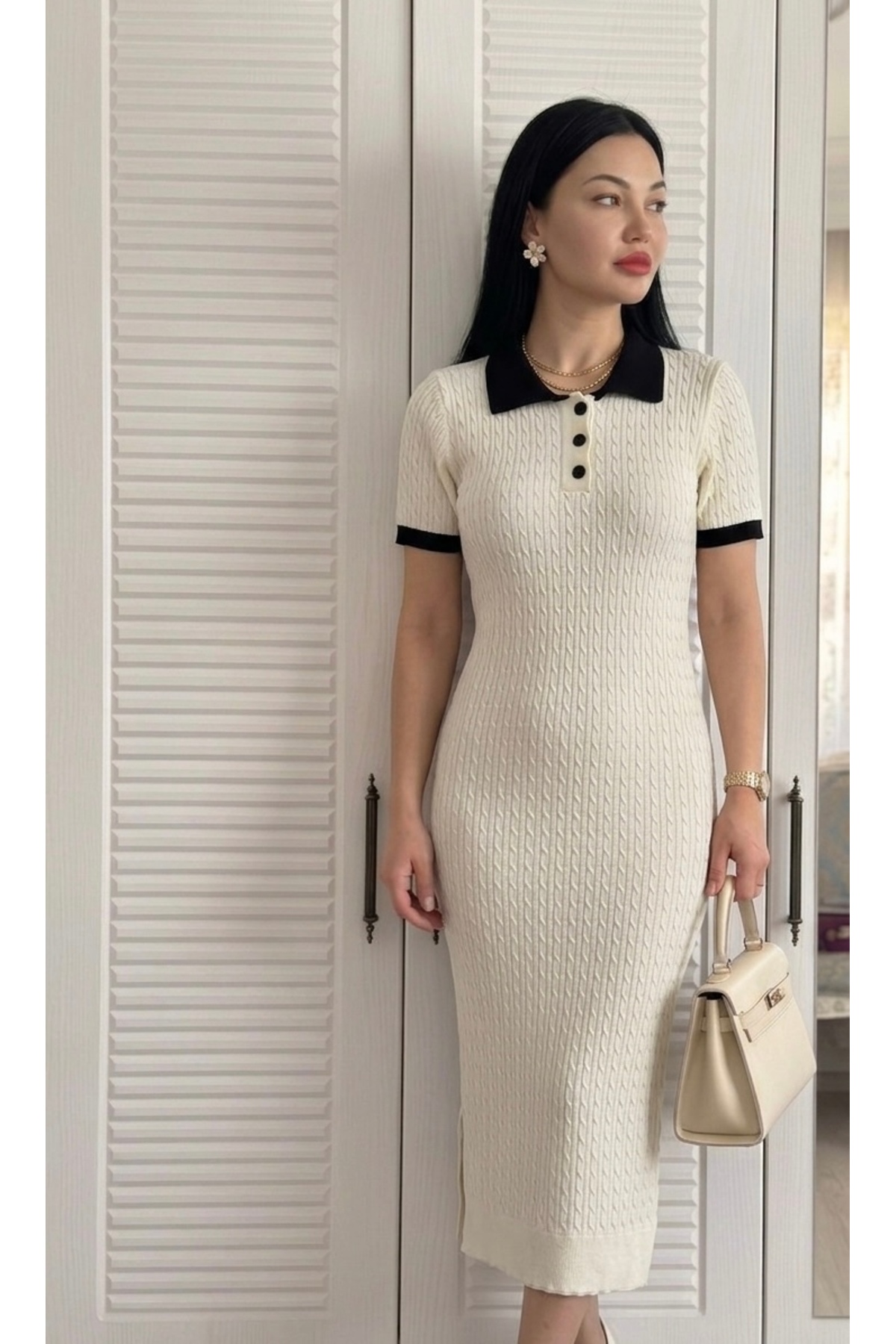 Short Sleeve Midi Size Soft Textured Knitwear Dress Cream