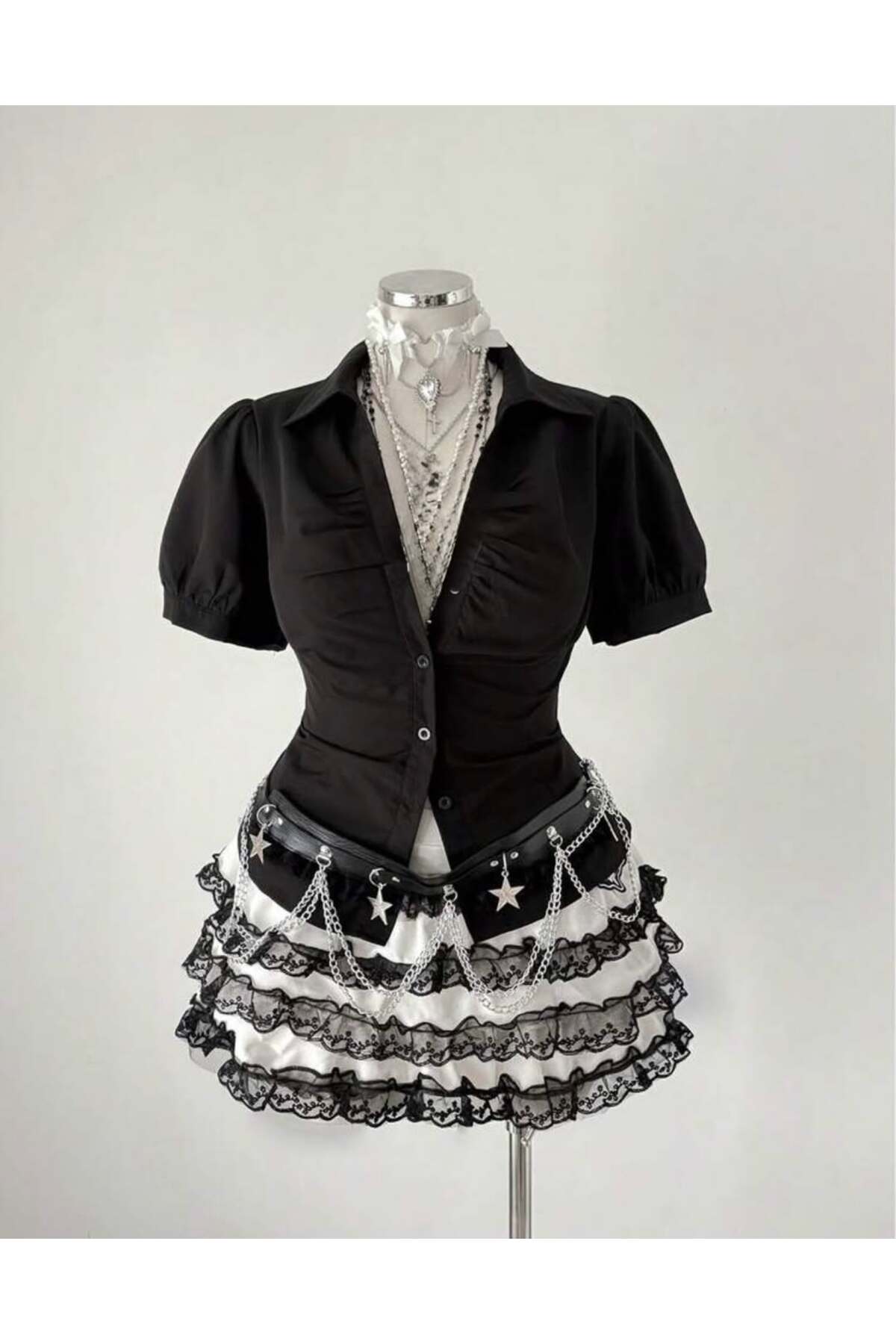 Toum  Vintage Mini Puff Sleeve Goth Y2K Kısa Kollu Gömlek - Görsel 4