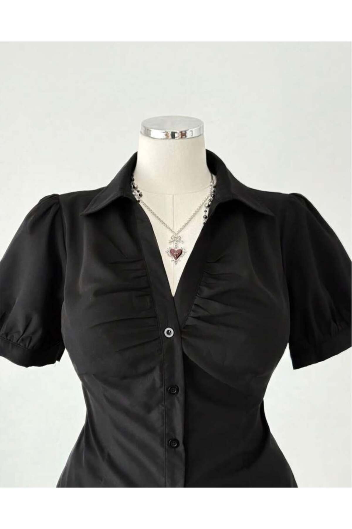 Toum  Vintage Mini Puff Sleeve Goth Y2K Kısa Kollu Gömlek - Görsel 3