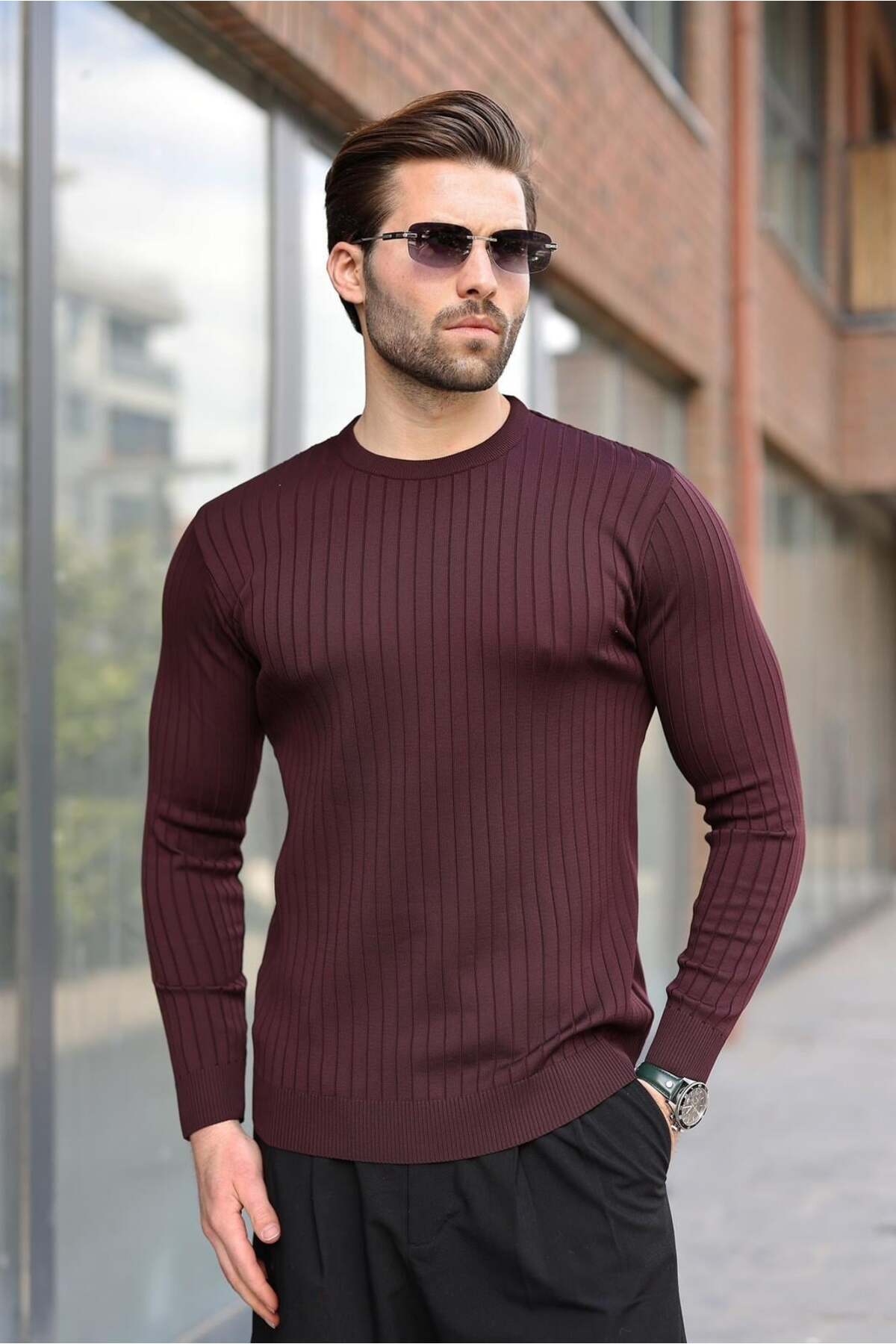 ژاکت آستین بلند راه راه یقه گرد به رنگ آلویی E7273 — بنفش — تصویر 5 از 5