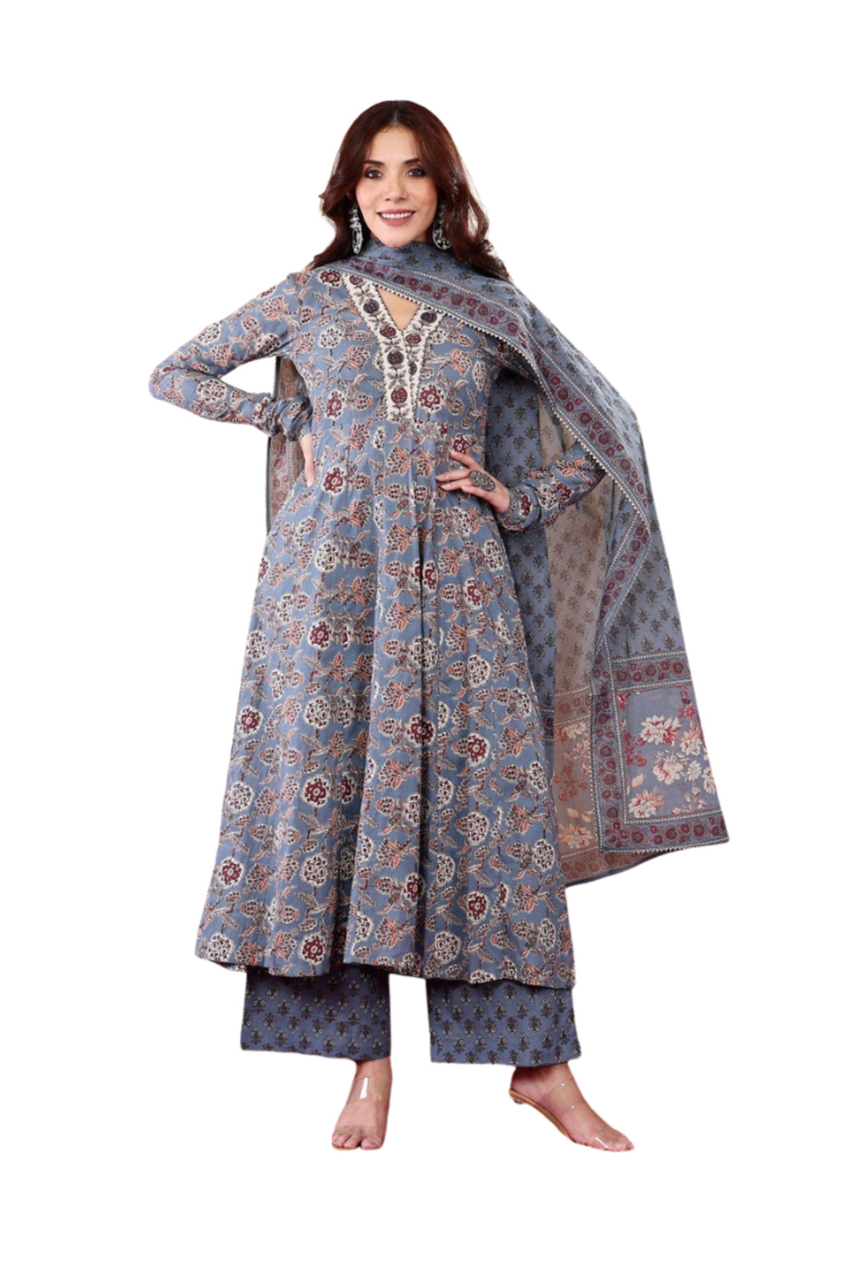 MYSMAR Blue Ranija Cotton Trouser & Dupatta - VRN1138 - Blue-Size:XL-42-Inches