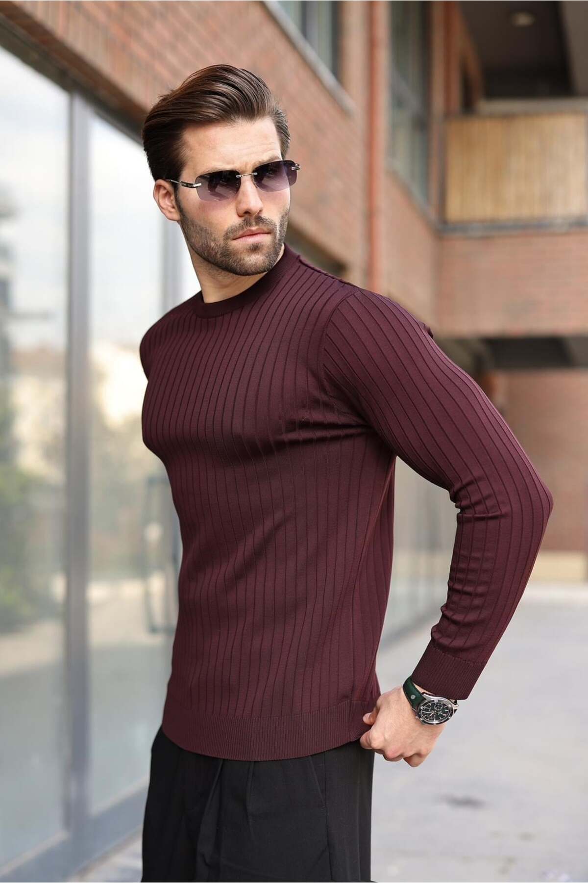 ژاکت آستین بلند راه راه یقه گرد به رنگ آلویی E7273 — بنفش — تصویر 2 از 5