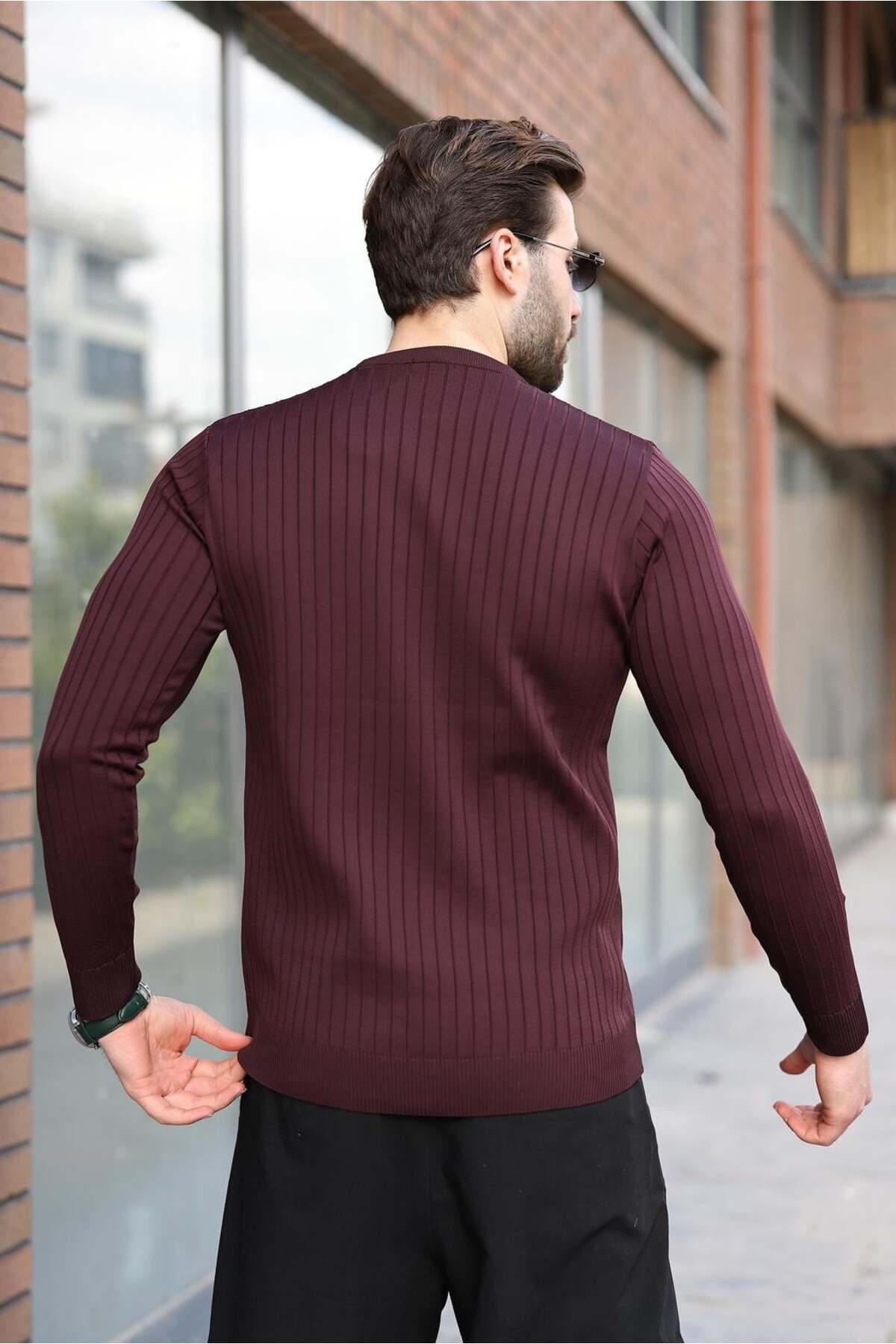 ژاکت آستین بلند راه راه یقه گرد به رنگ آلویی E7273 — بنفش — تصویر 3 از 5