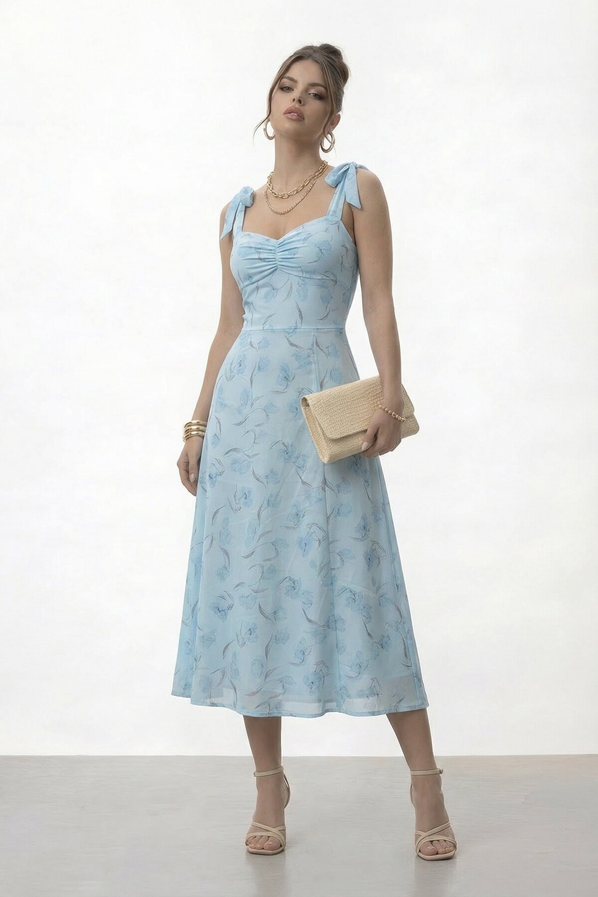 VAGGON  Askılı Omuzdan Bağlamalı Büzgülü Çiçek Desenli Midi Elbise - Görsel 3