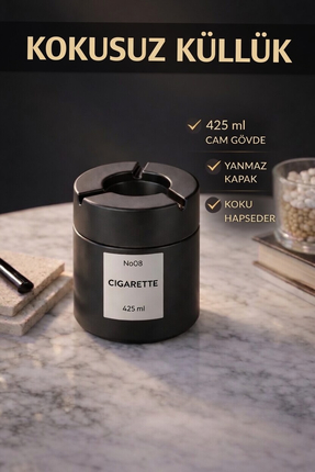 GENCHOME HOMEWARE Kapaklı Kokusuz Küllük 425 ml | Cam Hazne, Koku Hapseden Si...