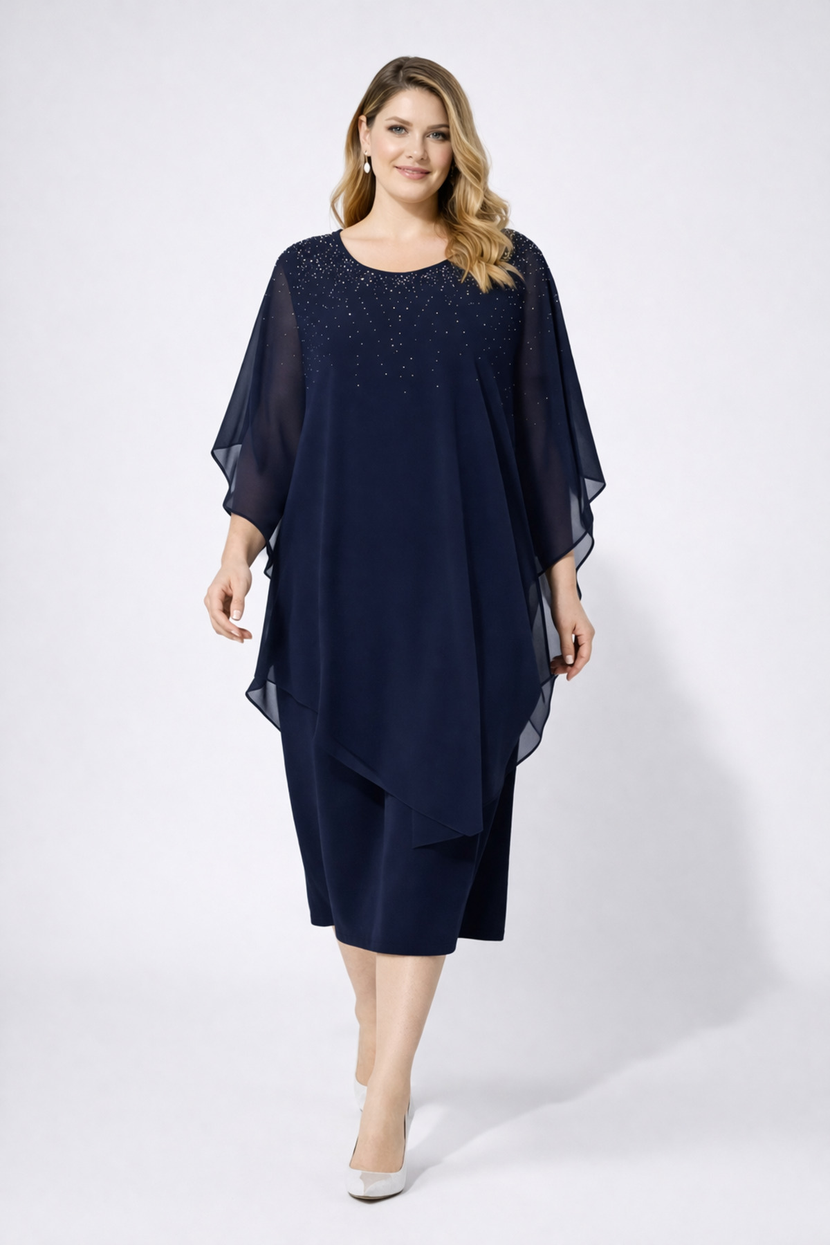 Women's Plus Size Navy Blue Evening Dress with Stonework Chiffon Cloak 65N39451