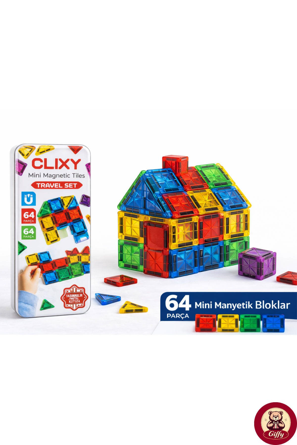 giffy Manyetik Yapı Blokları - 64 Parça Seyahat Tipi Mini Bloklar Metal Saklama Kutulu Çanta Boy Renkli fotoğrafı 3 (önizleme)