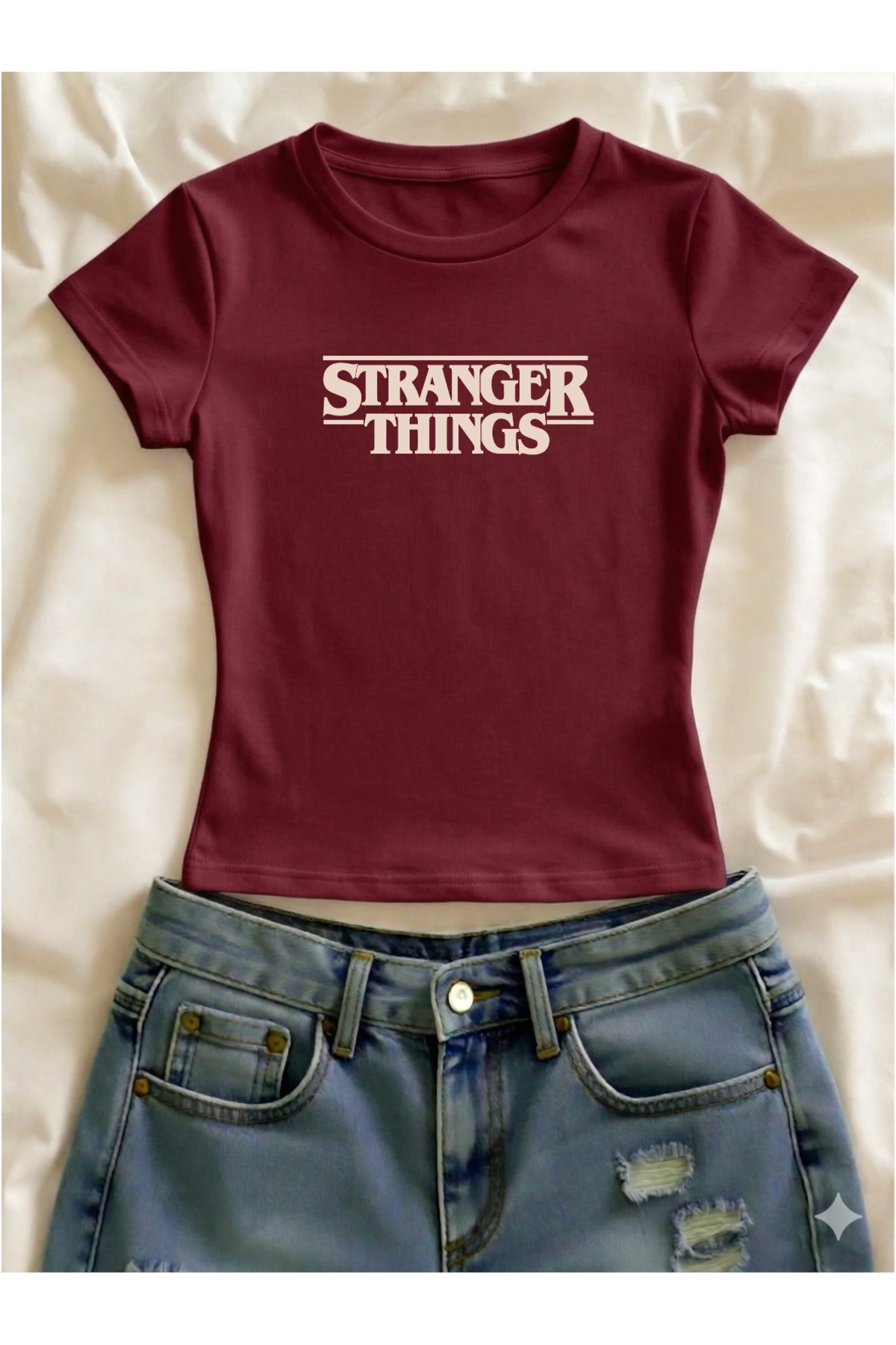 Vordevia Stranger Things Baskılı Likralı Dar Kalıp Kısa Kol Bisiklet Yaka Tee Crop