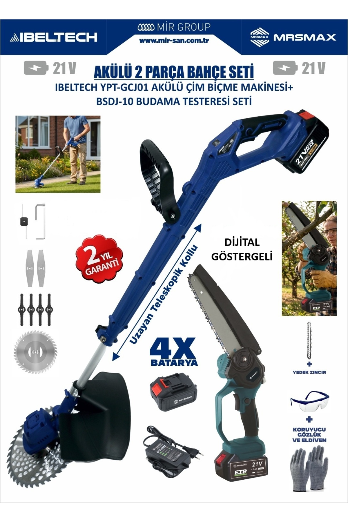 İBELTECH 2100V Akülü Çim Biçme + Çantalı Budama Testeresi 2'Li Set