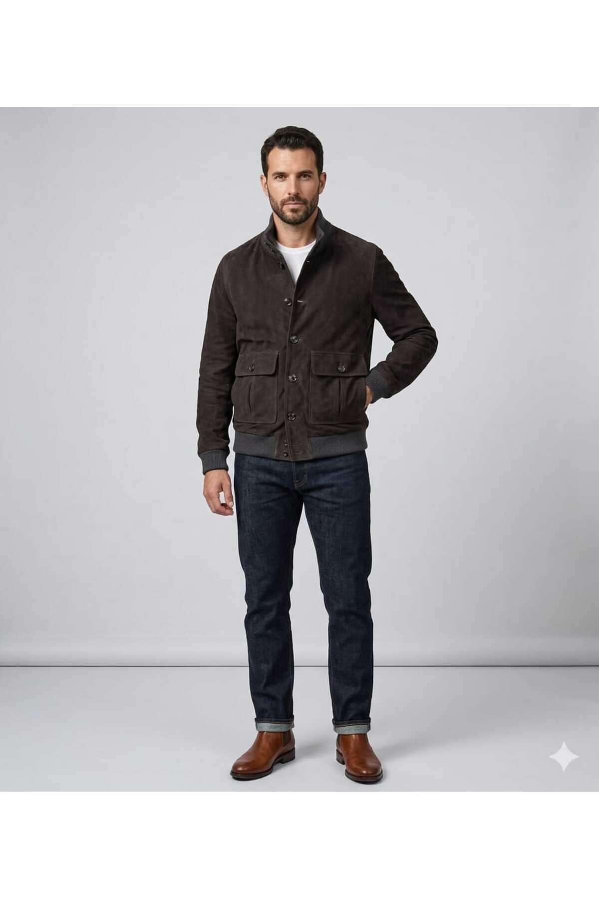 KENDE  Süet Düğmeli Kolej Kahverengi Erkek Deri Ceket - Görsel 4