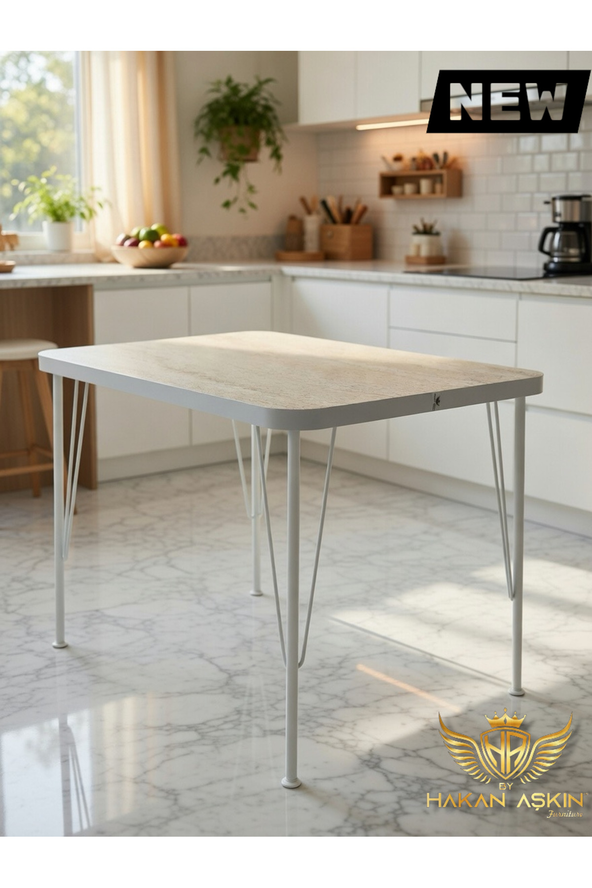 60x90 cm THICK Travertine (SINGLE TABLE) with White Metal Legs Kitchen-Balcony-Work Table