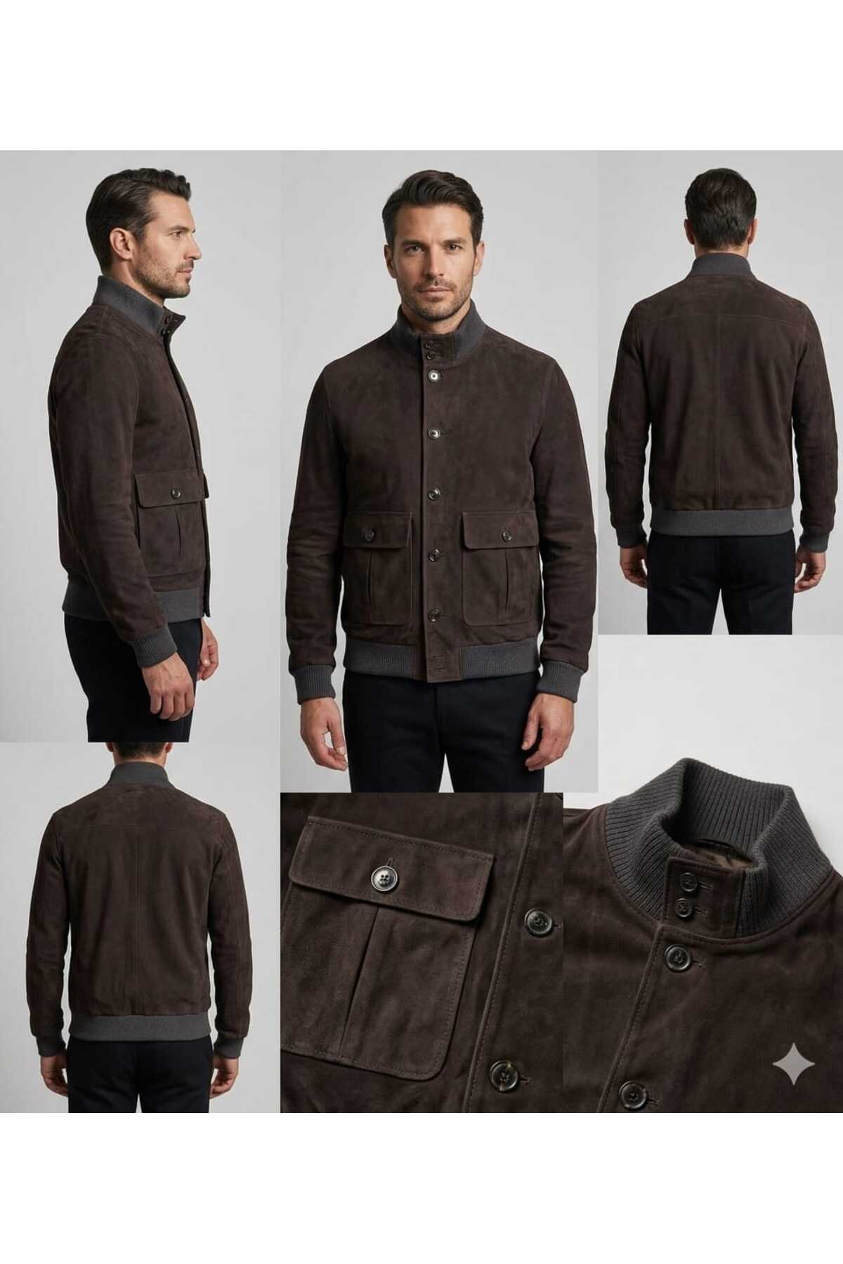 KENDE  Süet Düğmeli Kolej Kahverengi Erkek Deri Ceket - Görsel 3