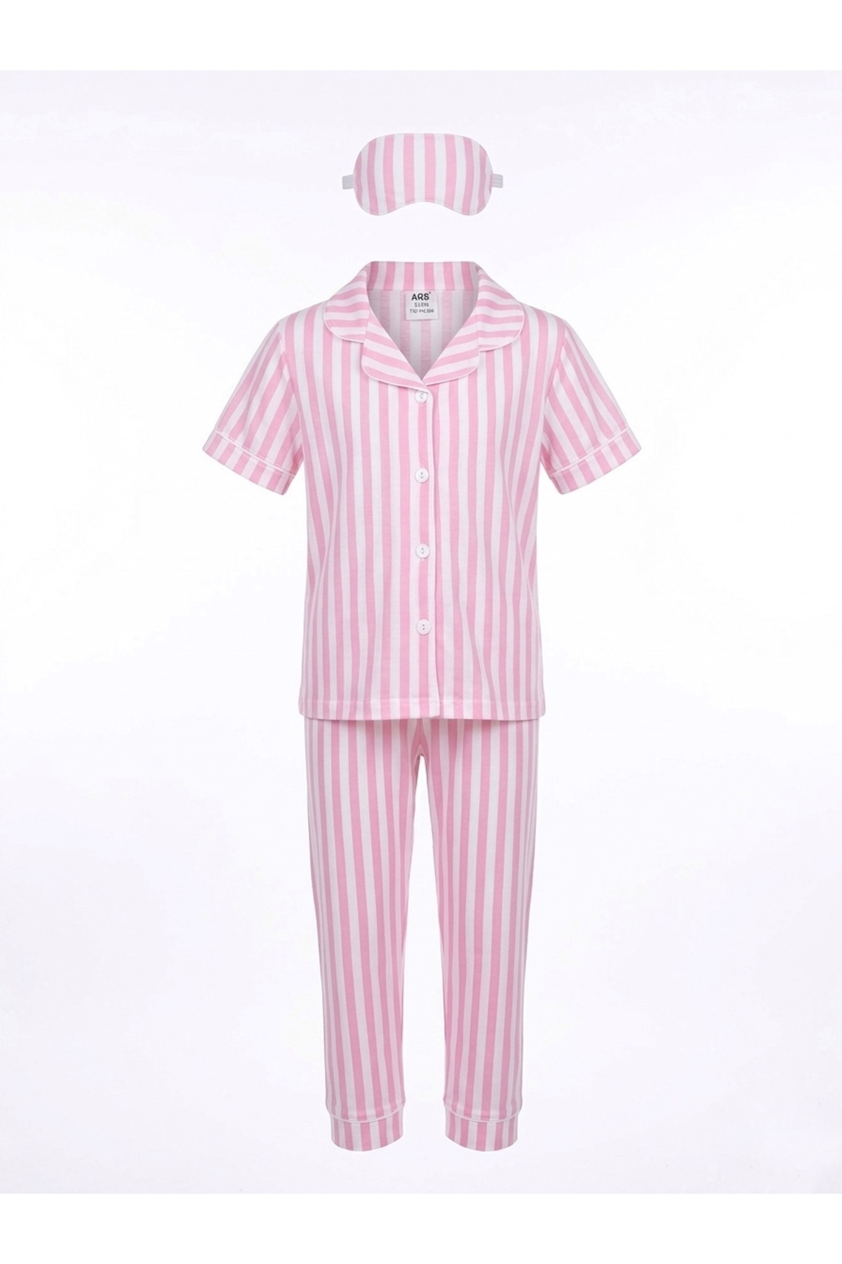 Enie Kız Çocuk Pamuklu Çizgili Yazlık Pijama Takımı + Göz Bandı fotoğrafı 6 (önizleme)