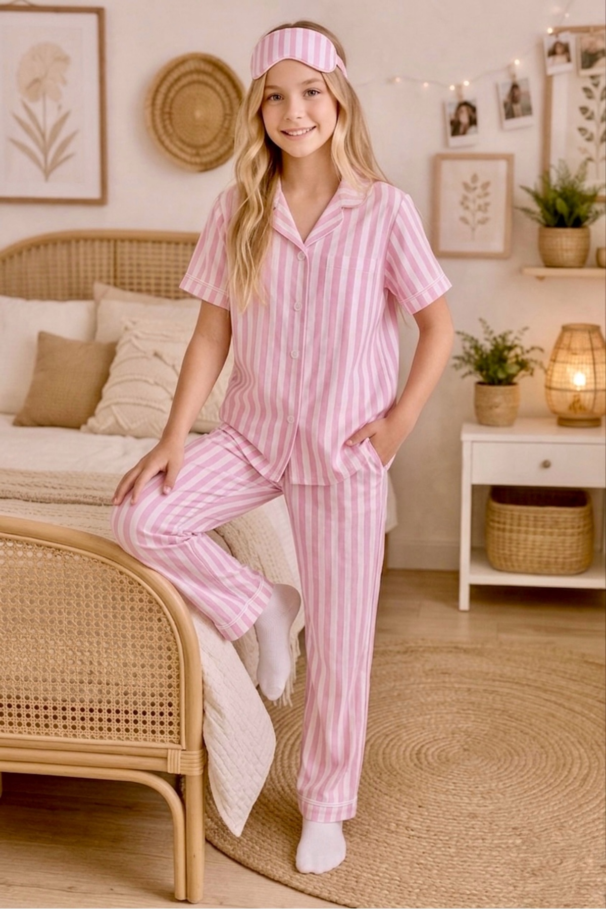 Enie Kız Çocuk Pamuklu Çizgili Yazlık Pijama Takımı + Göz Bandı fotoğrafı 5 (önizleme)