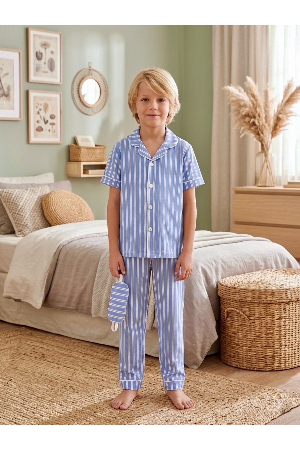 Enie Erkek Çocuk Pamuklu Çizgili Yazlık Göz Bantlı Pijama Takımı fotoğrafı 2 (önizleme)