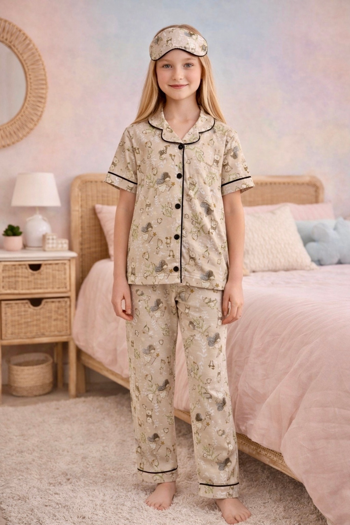 Enie Kız Çocuk Pamuklu Tavşan Desenli Yazlık Göz Bantlı Pijama Takımı fotoğrafı 2 (önizleme)