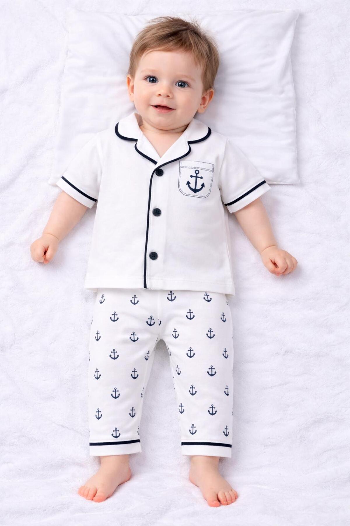 derin baby %100 Pamuklu Kısa Kollu Düğmeli Yazlık Denizci Çapalı Erkek Bebek Pijama Takımı fotoğrafı 4 (önizleme)