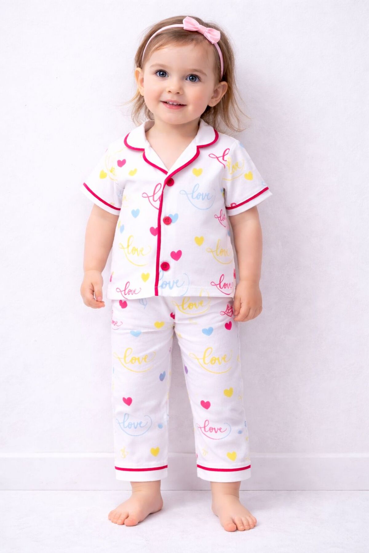 derin baby %100 Pamuk Kısa Kollu Düğmeli Yazlık Minik Renkli Kalp Love Desenli Unisex Bebek Çocuk Pijama Takımı fotoğrafı 3 (önizleme)