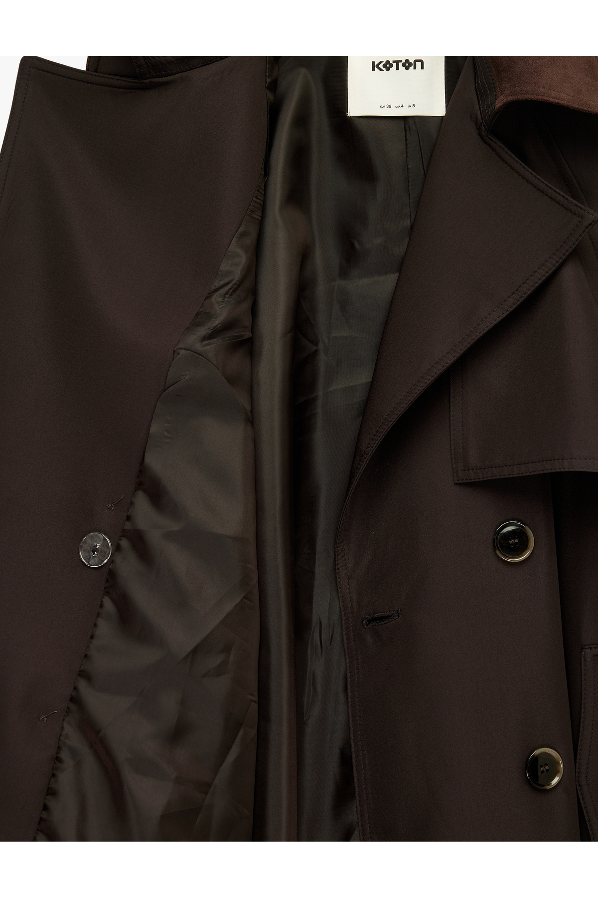 Koton Uzun Kollu Yakası Süet Görünümlü Kemerli Kruvaze Oversize Gabardin Trençkot görsel 7