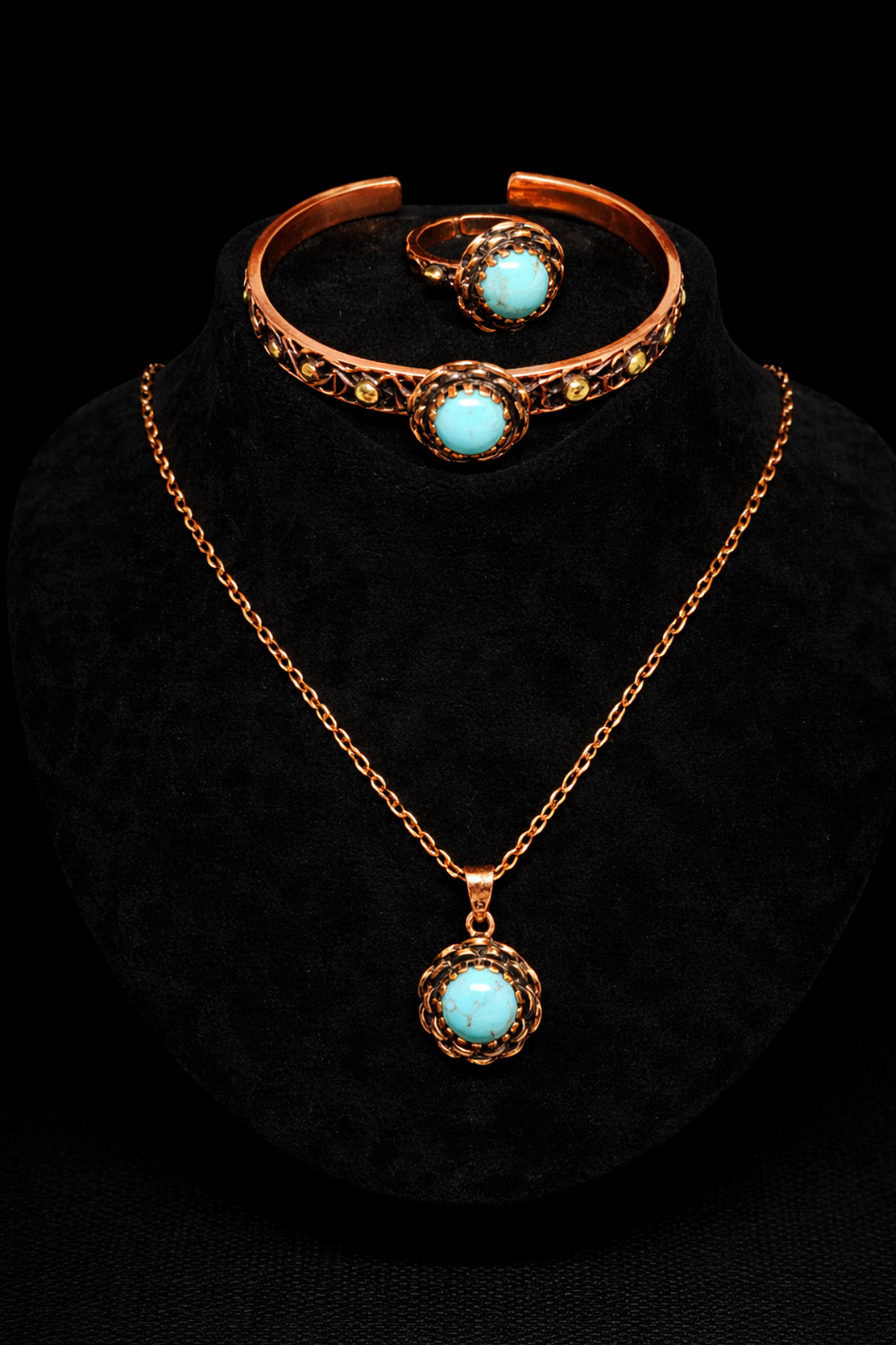 Women Turquoise Turquoise Natural Gemstone 100% Pure Copper Bracelet Necklace Ring Set