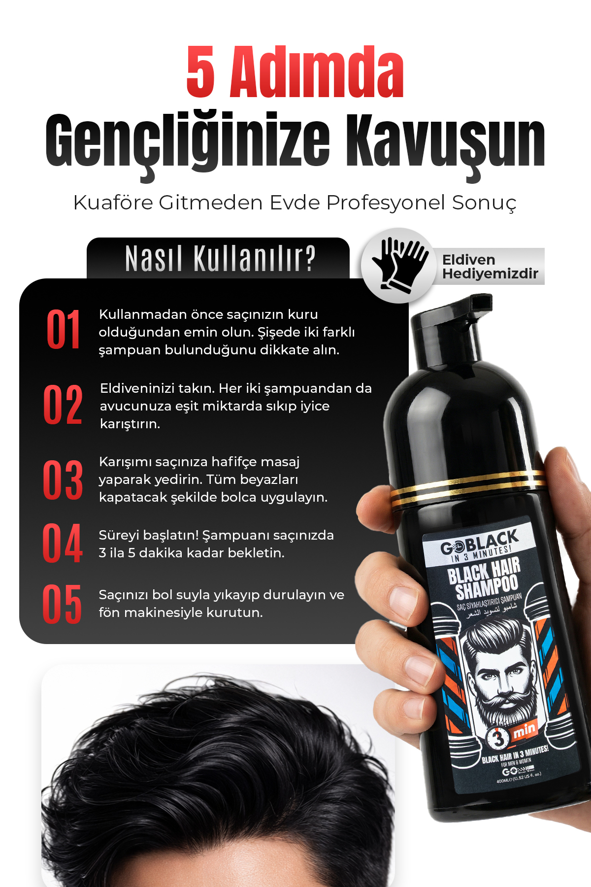 Saç Siyahlaştırıcı Beyaz Kapatıcı Siyah Şampuan 3 Dakikada Etkili Saç Sakal Şampuanı 400ml. — Goblack4 — تصویر 5 از 7