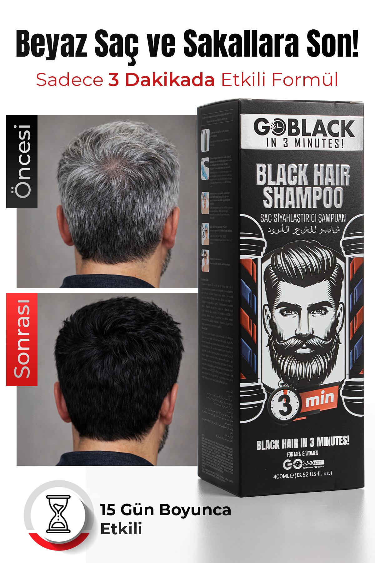 Saç Siyahlaştırıcı Beyaz Kapatıcı Siyah Şampuan 3 Dakikada Etkili Saç Sakal Şampuanı 400ml. — Goblack4 — تصویر 3 از 7