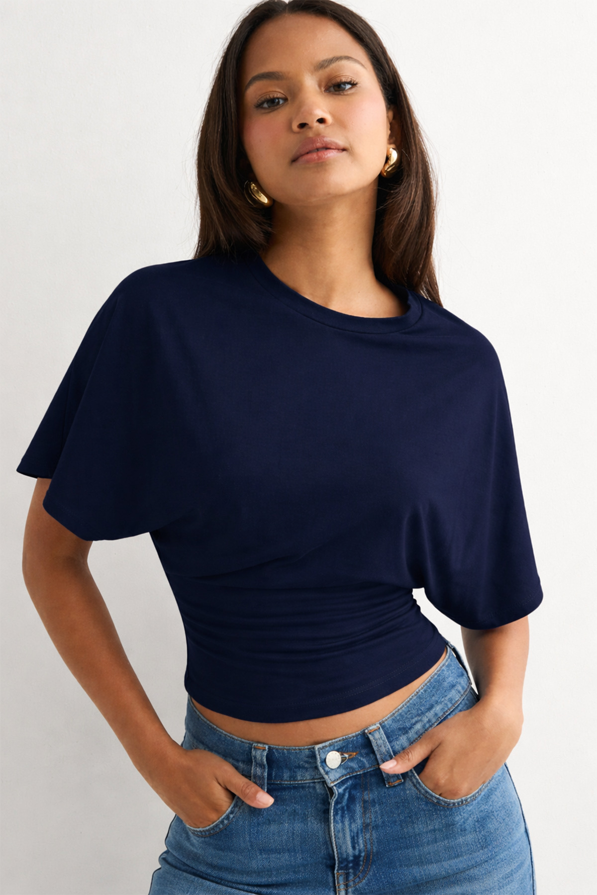 ecemore  Bele Oturan Geniş Kollu Lacivert Doğal Viskon Bluz