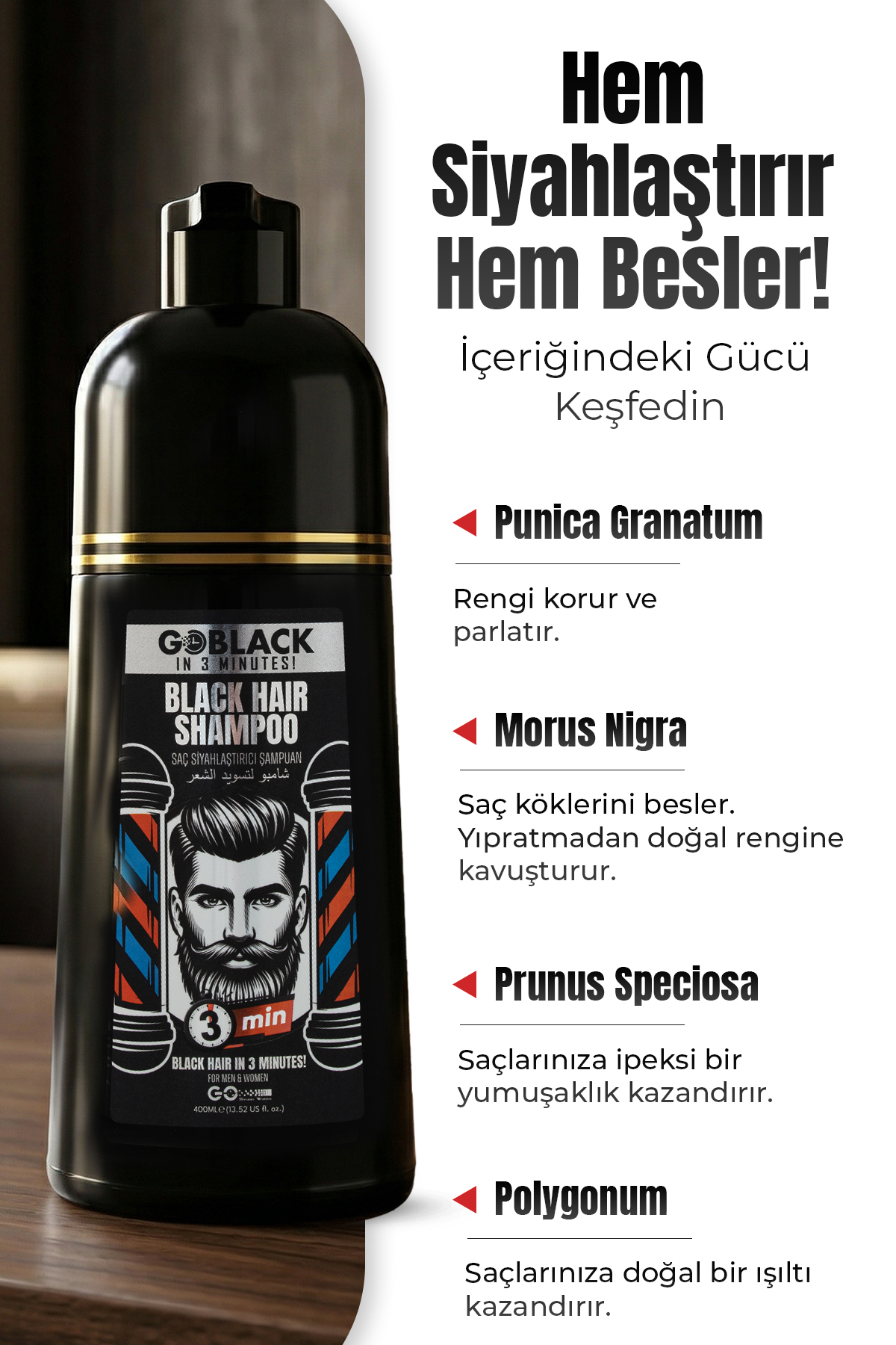 Saç Siyahlaştırıcı Beyaz Kapatıcı Siyah Şampuan 3 Dakikada Etkili Saç Sakal Şampuanı 400ml. — Goblack4 — تصویر 6 از 7