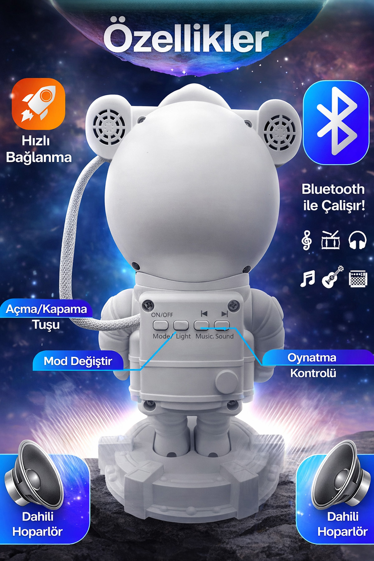 EXENAR Astronot Star Galaxy Projektör Gece Lambası Bluetooth Hoparlör Uzay Galaksi Yıldız Animasyon Kumanda fotoğrafı 5 (önizleme)